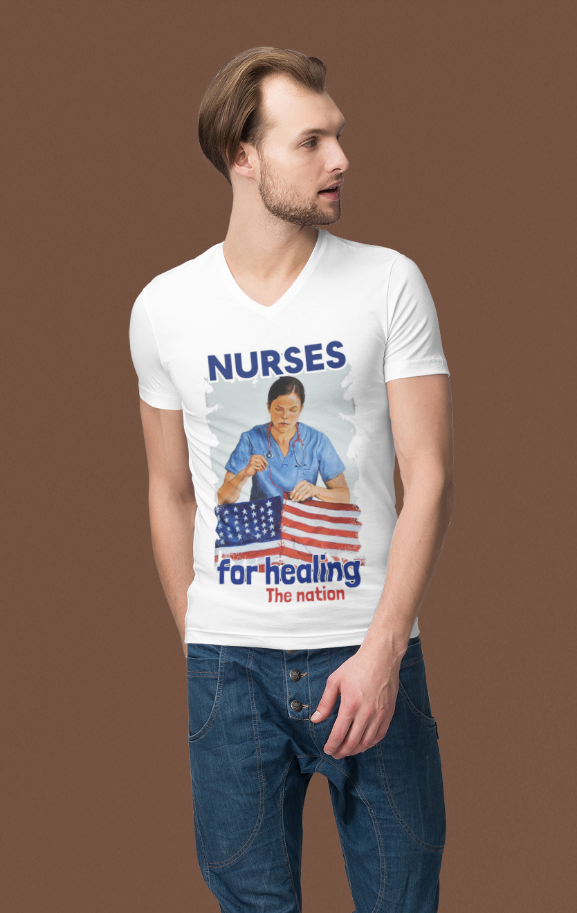 Unisex Lightweight fabric Jersey Short Sleeve V-Neck Tee - Nurses For Healing The Nation (front) - Nurses Standing Up For Humanity (back) - 100% cotton fabric - NFH-V-BC3005