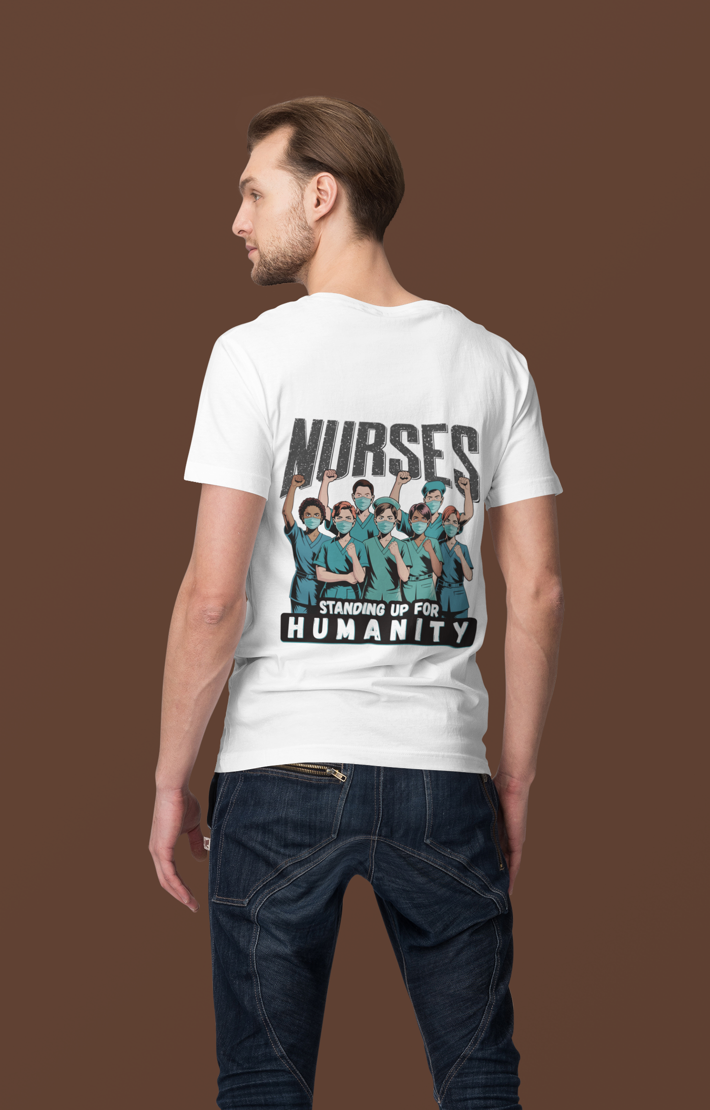 Unisex Lightweight fabric Jersey Short Sleeve V-Neck Tee - Nurses For Healing The Nation (front) - Nurses Standing Up For Humanity (back) - 100% cotton fabric - NFH-V-BC3005