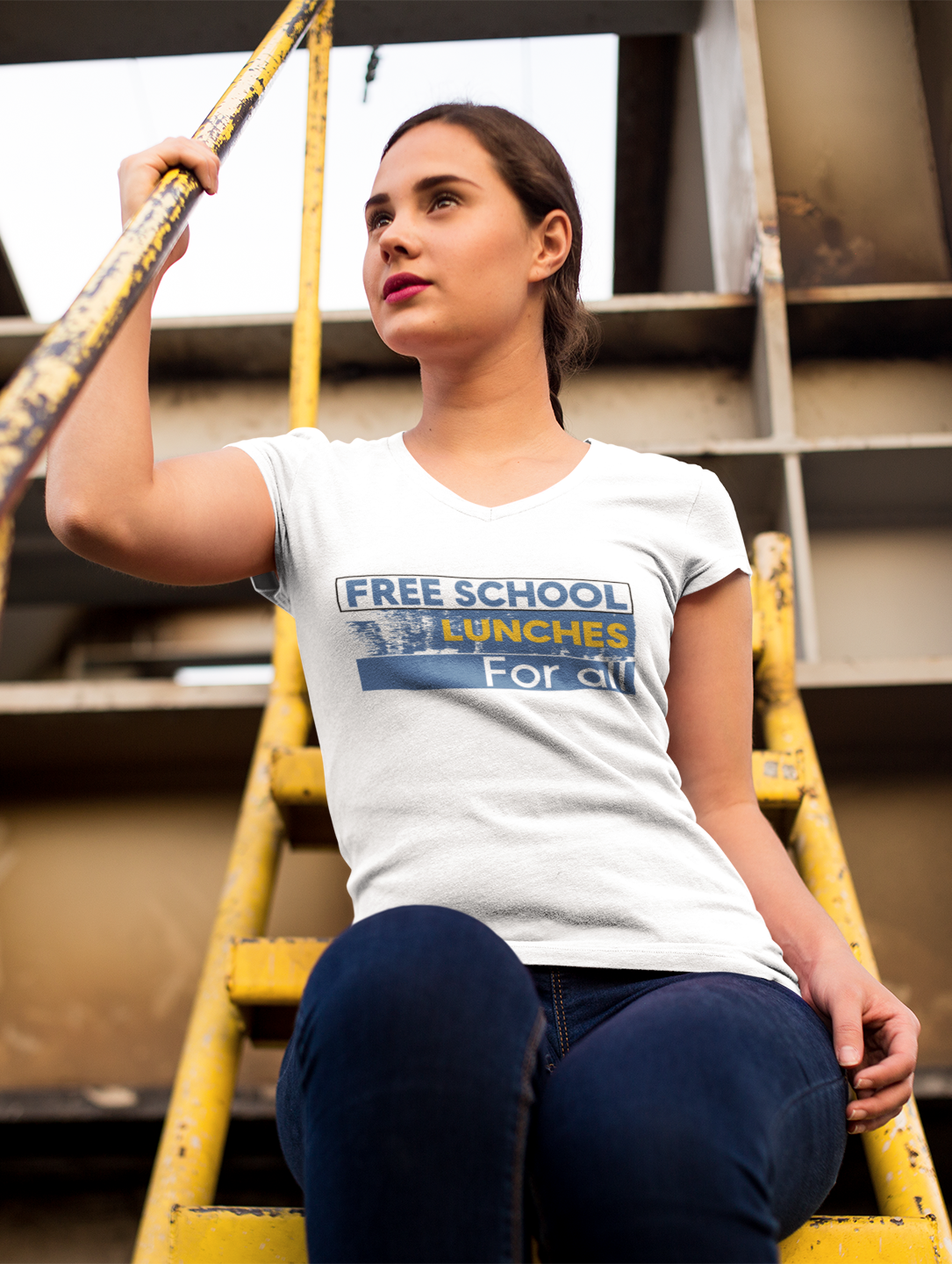 Women's Medium fabric V-Neck T-Shirt - Free School Lunches For All (front) - Nurses Against The Rich Starving The Poor (back) - 100% cotton - NAH-V-G5V00L