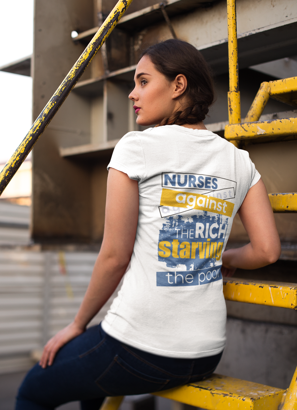 Women's Medium fabric V-Neck T-Shirt - Free School Lunches For All (front) - Nurses Against The Rich Starving The Poor (back) - 100% cotton - NAH-V-G5V00L