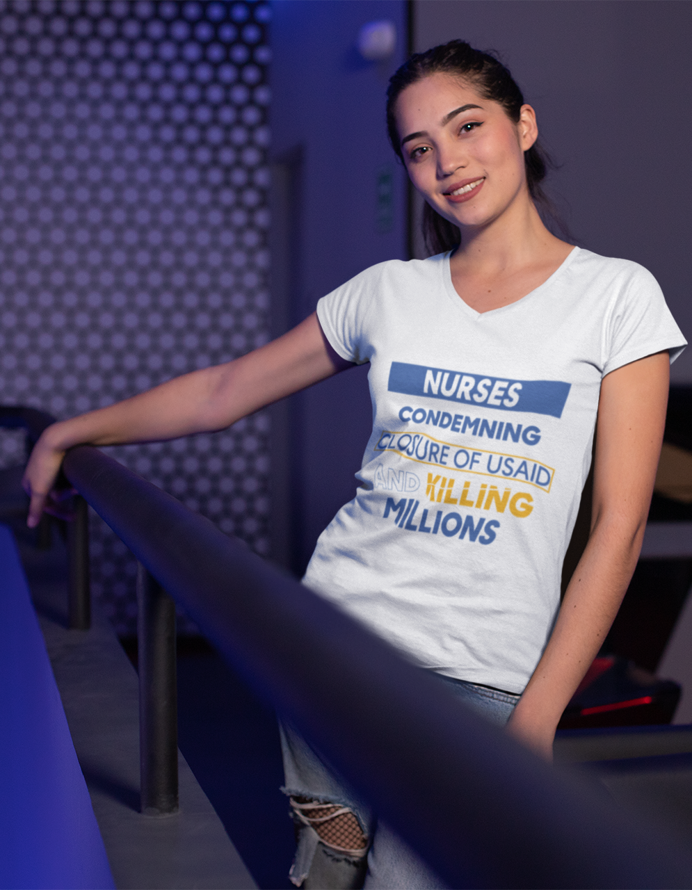 Women's Medium fabric V-Neck T-Shirt - Nurses Condemning Closure of USAID (front) - Nurses For NIH CDC FEMA USAID And YOU (back) - 100% cotton - NFG-V-G5V00L