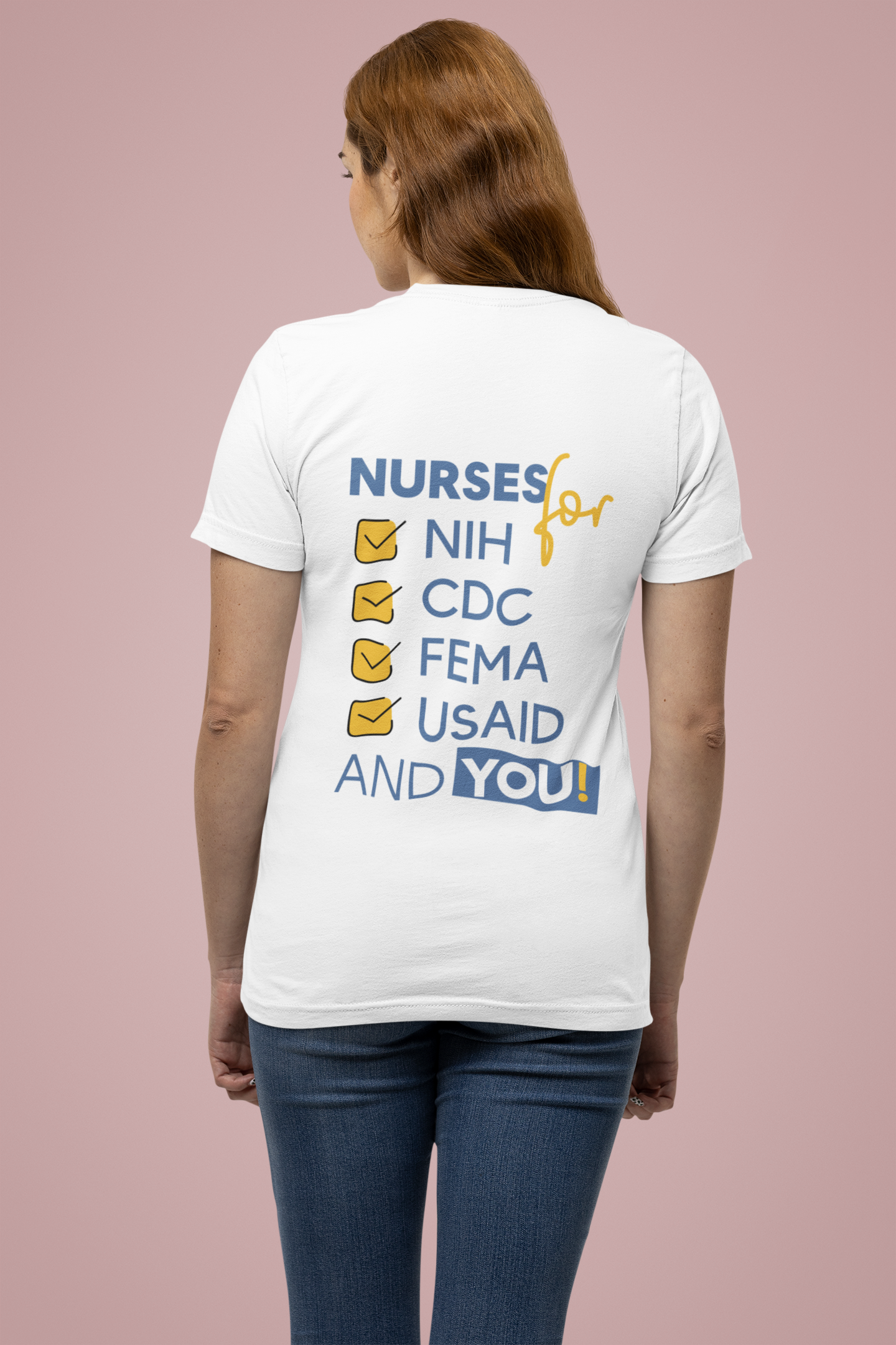 Women's Medium fabric V-Neck T-Shirt - Nurses Condemning Closure of USAID (front) - Nurses For NIH CDC FEMA USAID And YOU (back) - 100% cotton - NFG-V-G5V00L