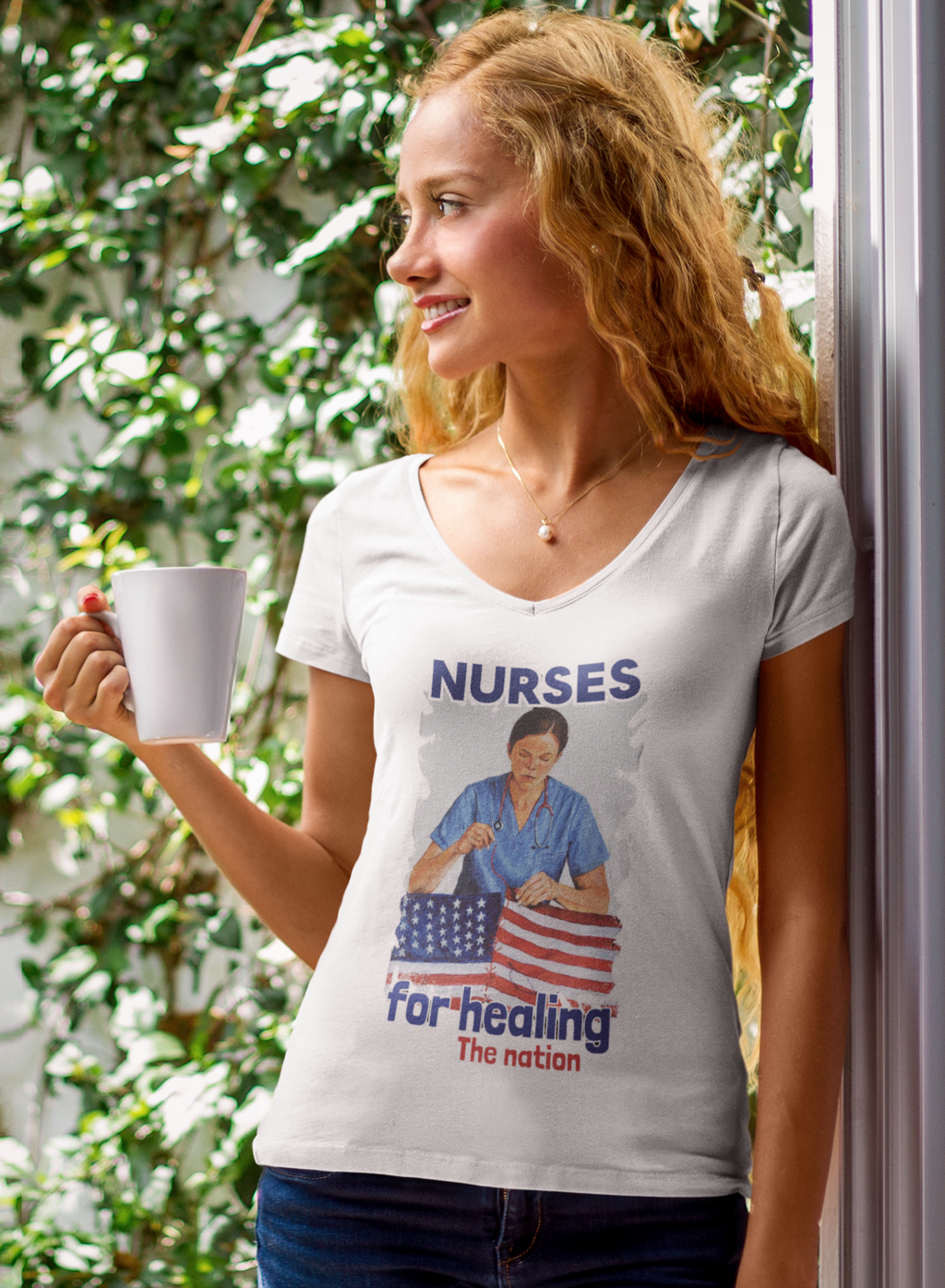 Women's Medium fabric V-Neck T-Shirt - Nurses For Healing The Nation (front) - Nurses Standing Up For Humanity (back) - 100% cotton - NFH-V-G5V00L