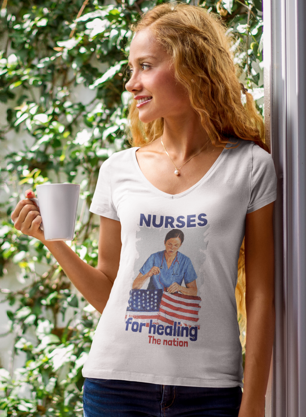 Women's Medium fabric V-Neck T-Shirt - Nurses For Healing The Nation (front) - Nurses Standing Up For Humanity (back) - 100% cotton - NFH-V-G5V00L