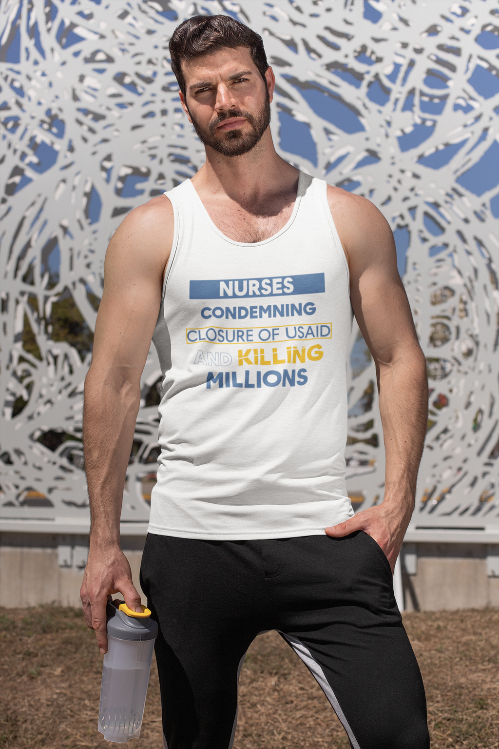 Unisex Light fabric Jersey Tank - Nurses Condemning Closure of USAID (front) - Nurses For NIH CDC FEMA USAID And YOU (back) - 100% Airlume combed and ring-spun cotton - NFG-K-BC3480