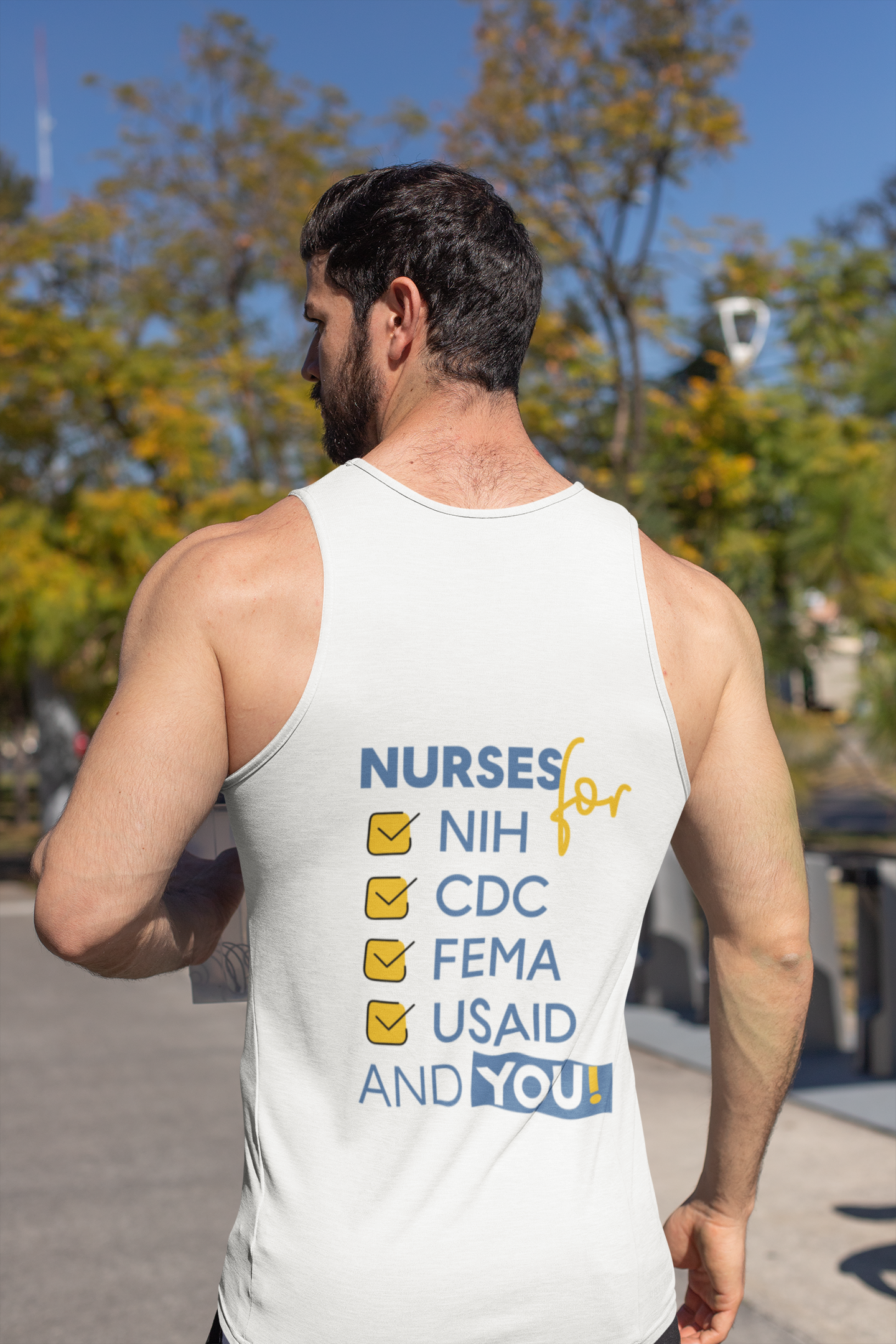 Unisex Light fabric Jersey Tank - Nurses Condemning Closure of USAID (front) - Nurses For NIH CDC FEMA USAID And YOU (back) - 100% Airlume combed and ring-spun cotton - NFG-K-BC3480