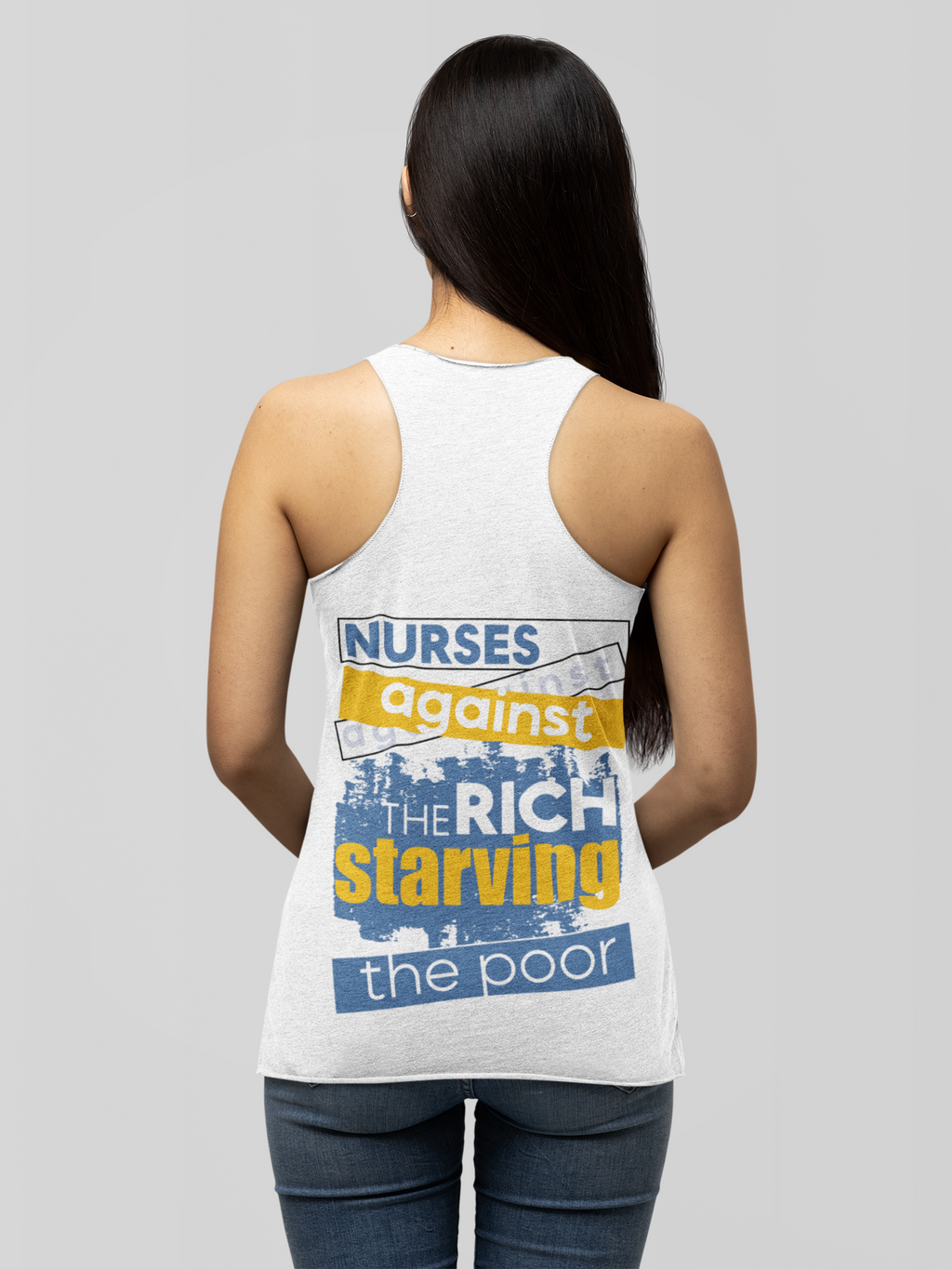 Women's Extra Light fabric Ideal Racerback Tank - Free School Lunches For All (front) - Nurses Against The Rich Starving The Poor (back) - 60% combed, ring-spun cotton and 40% polyester - NAH-R-NL1533