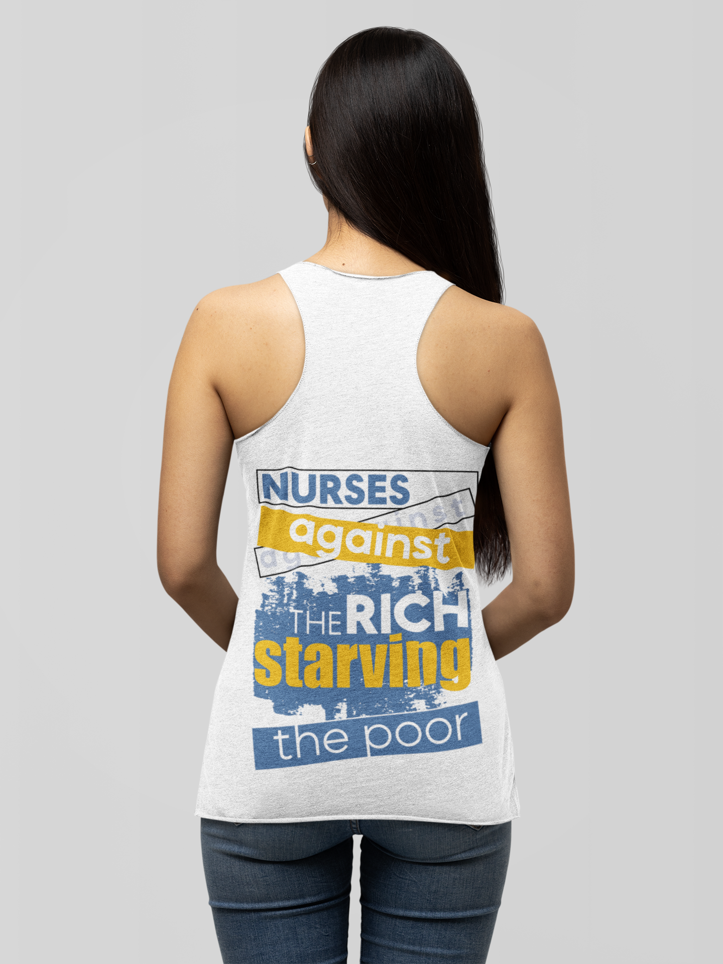 Women's Extra Light fabric Ideal Racerback Tank - Free School Lunches For All (front) - Nurses Against The Rich Starving The Poor (back) - 60% combed, ring-spun cotton and 40% polyester - NAH-R-NL1533