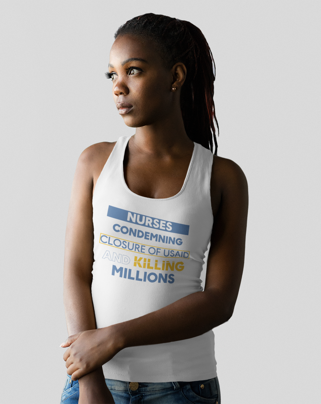 Women's Extra Light fabric Ideal Racerback Tank - Nurses Condemning Closure of USAID (front) - Nurses For NIH CDC FEMA USAID And YOU (back) - 60% combed, ring-spun cotton and 40% polyester - NFG-R-NL1533