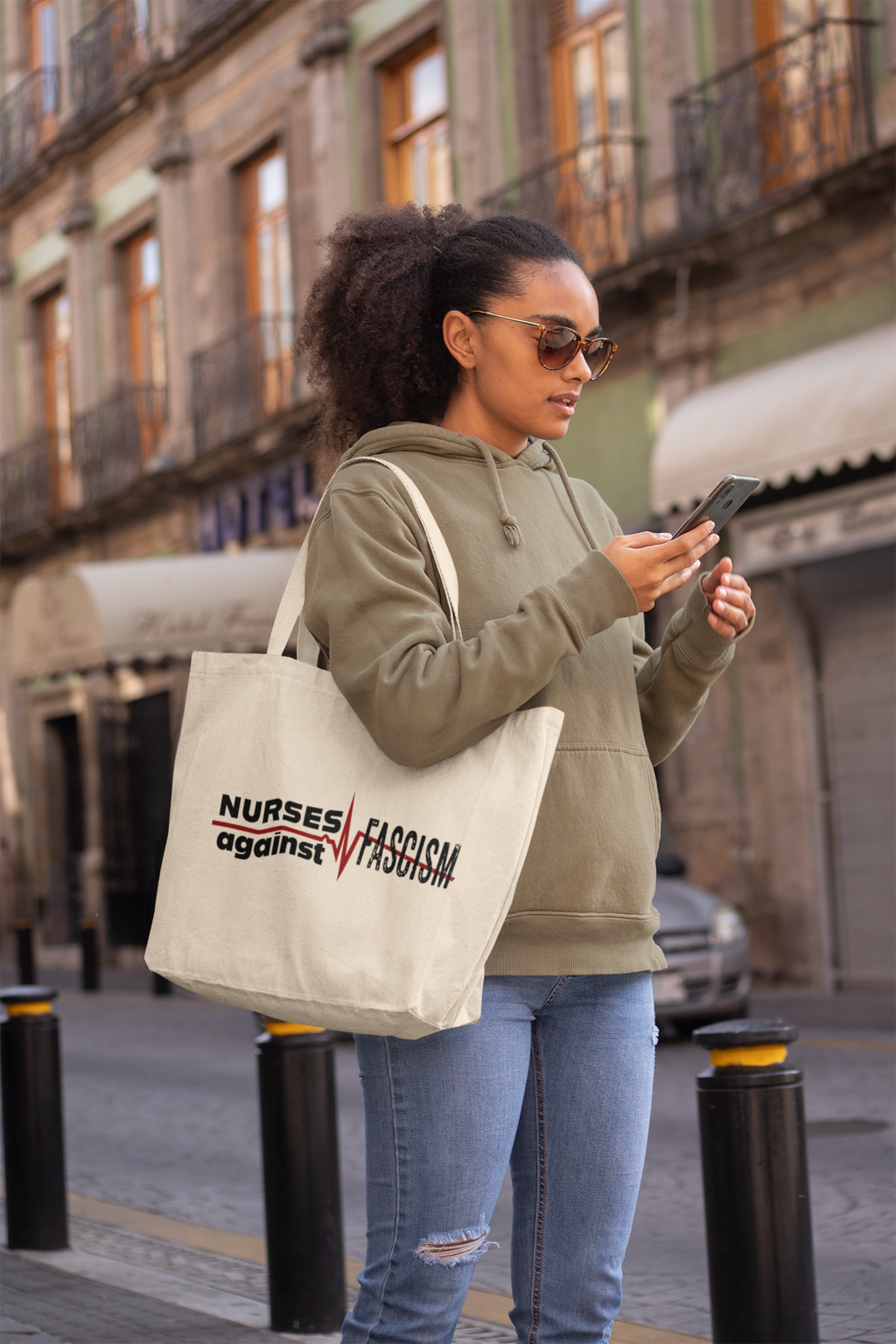 Eco Tote Bag - Nurses Against Fascism (front) - Nurses Against Cruelty (back) - 100% certified organic cotton twill - NAF-TB-EC8000