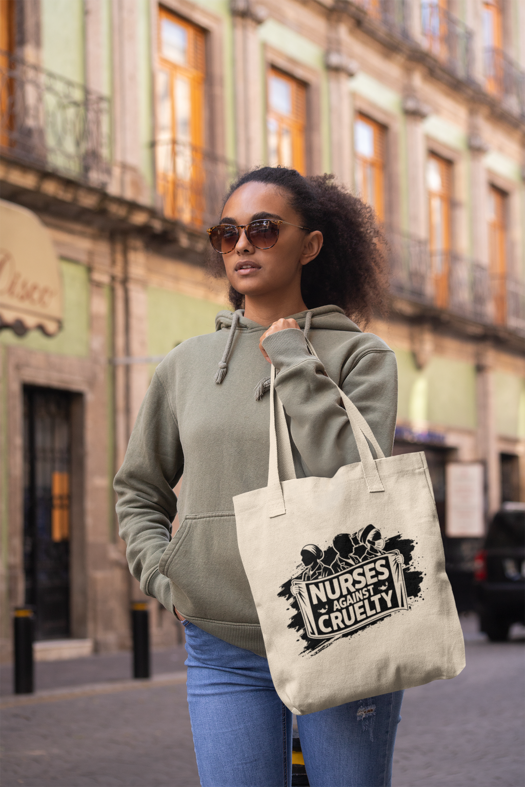 Eco Tote Bag - Nurses Against Fascism (front) - Nurses Against Cruelty (back) - 100% certified organic cotton twill - NAF-TB-EC8000
