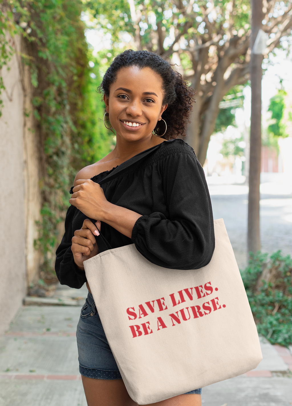 Eco Tote Bag - Save Lives Be A Nurse (front) - Who Advocates? Who Defends? (back) - 100% certified organic cotton twill - SLA-TB-EC8000