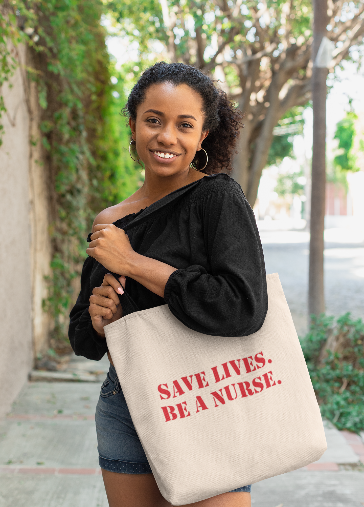 Eco Tote Bag - Save Lives Be A Nurse (front) - Who Advocates? Who Defends? (back) - 100% certified organic cotton twill - SLA-TB-EC8000