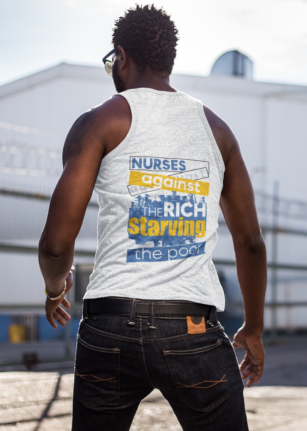 Unisex Light fabric Jersey Tank - Free School Lunches For All (front) - Nurses Against The Rich Starving The Poor (back) - 100% Airlume combed and ring-spun cotton - NAH-K-BC3480
