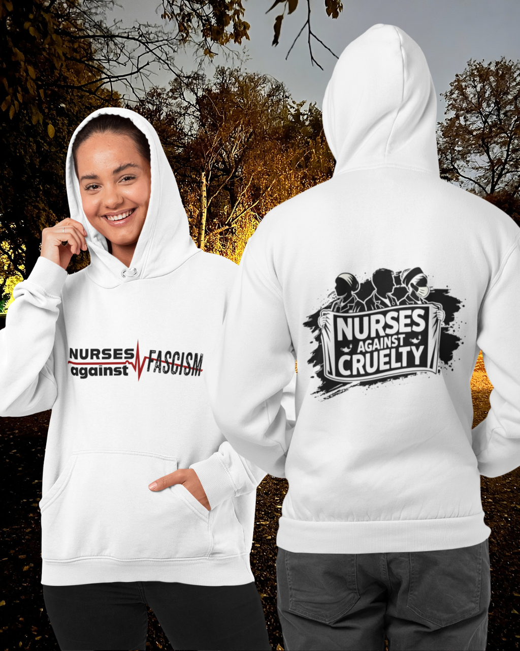Unisex Mid-weight Hoodie - Nurses Against Fascism (front) - Nurses Against Cruelty (back) - 80% cotton, 20% polyester - NAF-H-AC5101