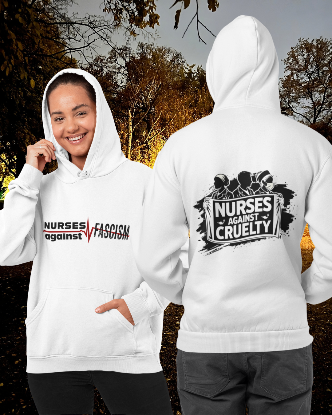 Unisex Mid-weight Hoodie - Nurses Against Fascism (front) - Nurses Against Cruelty (back) - 80% cotton, 20% polyester - NAF-H-AC5101