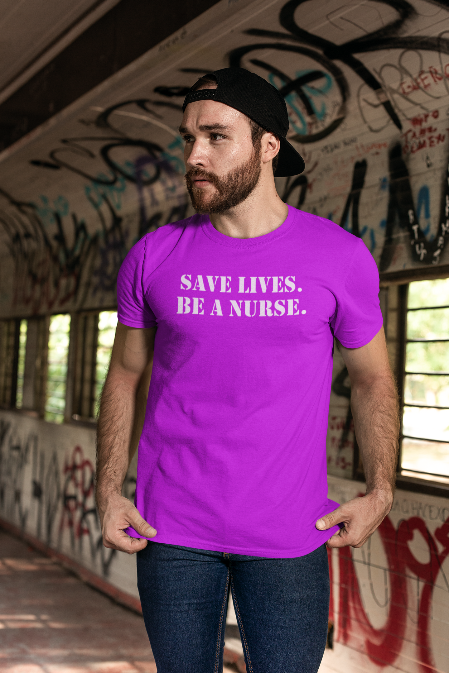Unisex Lightweight fabric T-Shirt - Save Life Be a Nurse (front) - Who advocates? Who defends? Who protects? Who educates? Who intervenes? Who cares? (back) - 100% ring-spun cotton - SLBN-T-G64000