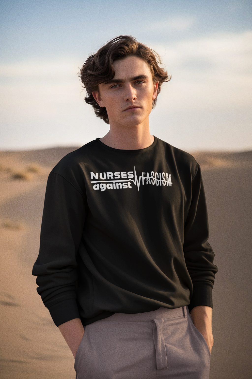 Unisex Midweight T-shirt, Nurses Against Fascism (front) - Nurses Against Cruelty (back) - 100% Polyster - NAF-T-BS5040