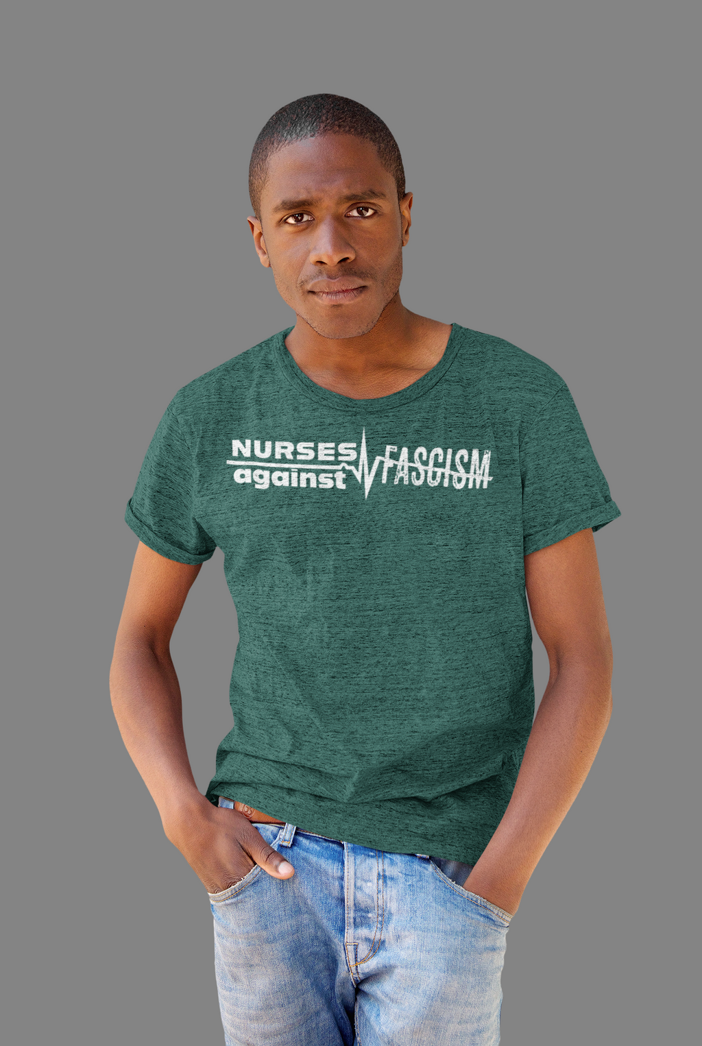 Unisex Medium fabric V-Neck T-Shirt - Nurses Against Fascism (front) - Nurses Against Cruelty (back) - 100% cotton - NAF-V-G5V00L