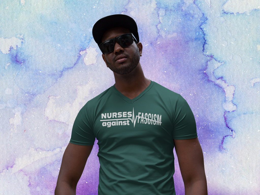Unisex Medium fabric V-Neck T-Shirt - Nurses Against Fascism (front) - Nurses Against Cruelty (back) - 100% cotton - NAF-V-G5V00L