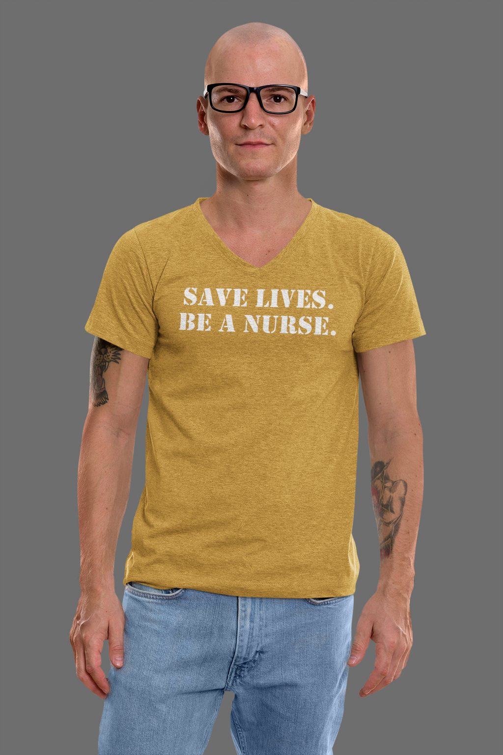 Unisex Lightweight fabric Jersey Short Sleeve V-Neck Tee - Save Lives Be A Nurse (front) - Who Advocates? Who Defends? (back) - 100% cotton fabric - SLA-V-BC3005