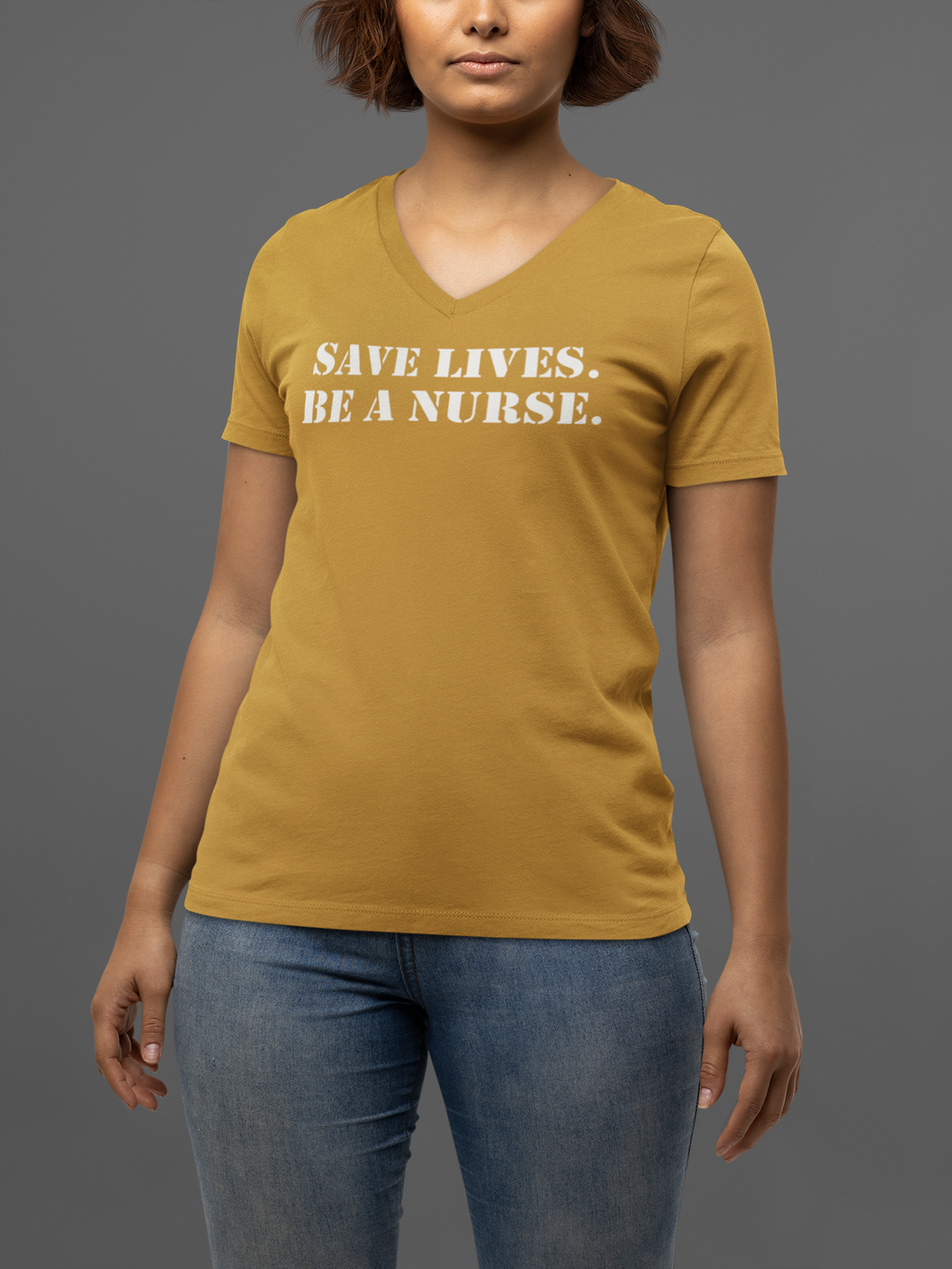 Unisex Lightweight fabric Jersey Short Sleeve V-Neck Tee - Save Lives Be A Nurse (front) - Who Advocates? Who Defends? (back) - 100% cotton fabric - SLA-V-BC3005