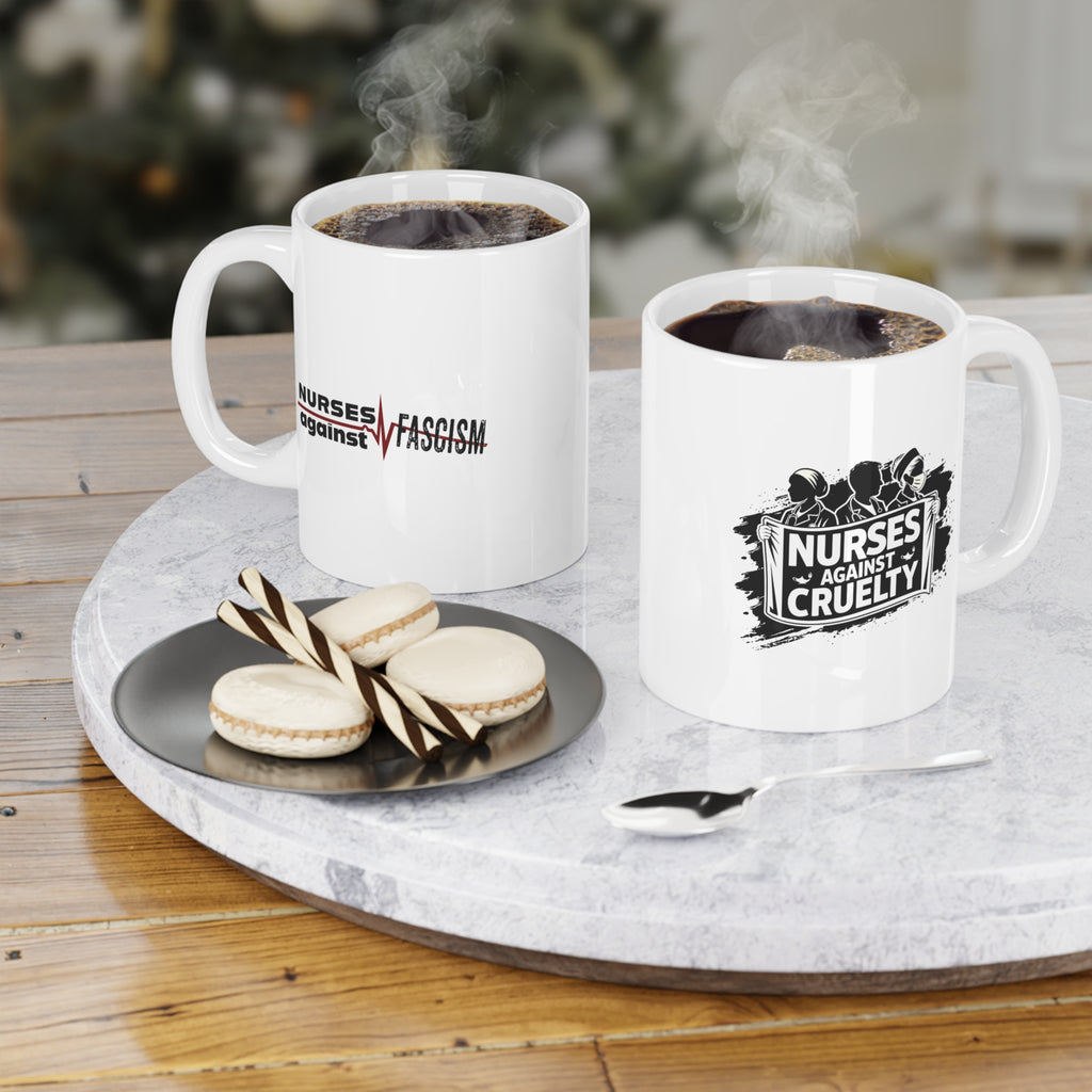 Unisex Ceramic Mug - Nurses Against Fascism (right) - Nurses Against Cruelty (left) - Durable white Ceramic - NAF-CM-ORCA