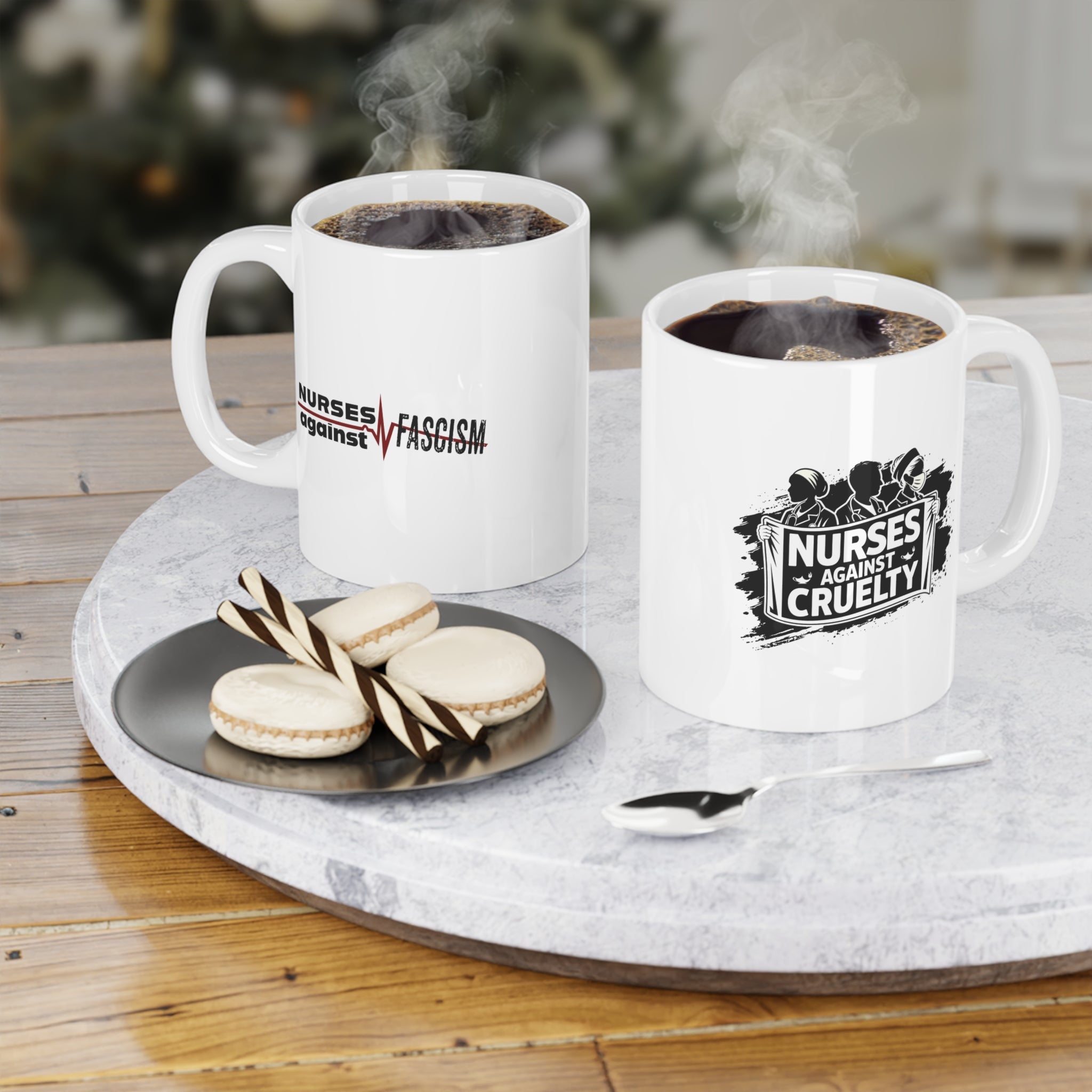 Unisex Ceramic Mug - Nurses Against Fascism (right) - Nurses Against Cruelty (left) - Durable white Ceramic - NAF-CM-ORCA