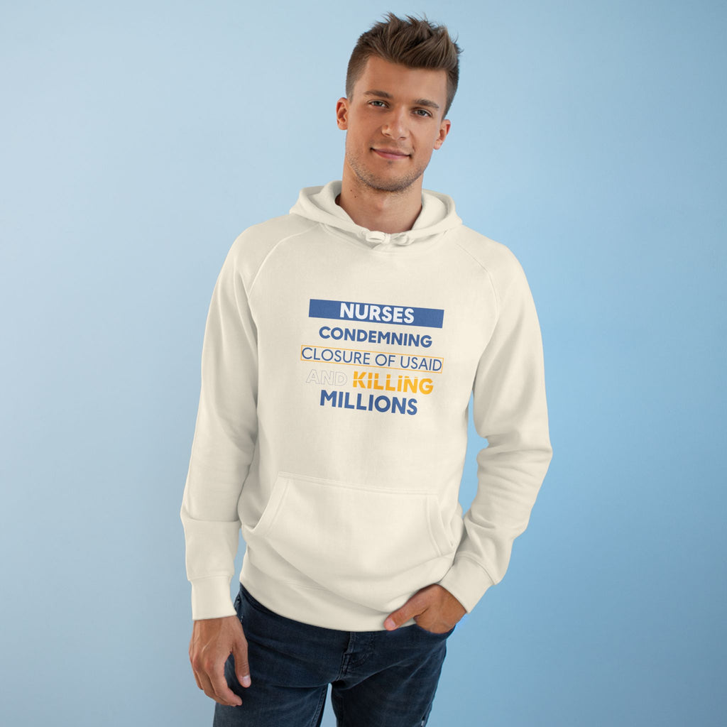 Unisex Mid-weight Hoodie - Nurses Condemning Closure of USAID (front) - Nurses For NIH CDC FEMA USAID And YOU (back) - 80% cotton, 20% Polyester - NFG-H-AC5101