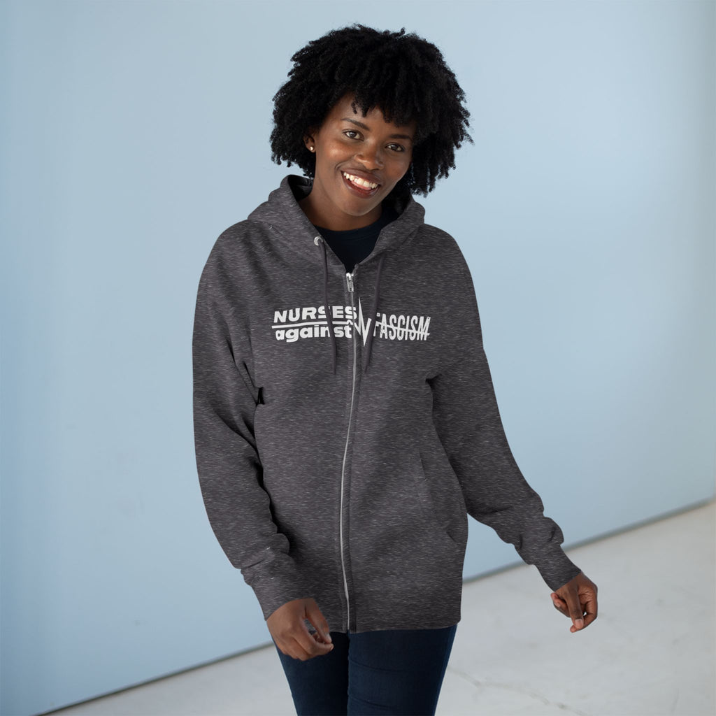 Men's Medium-heavy fabric Full-Zip Hoodie - Nurses Against Fascism (front) - Nurses Against Cruelty (black) - 60% recycled cotton, 40% recycled polyester - Lane Seven LS14003