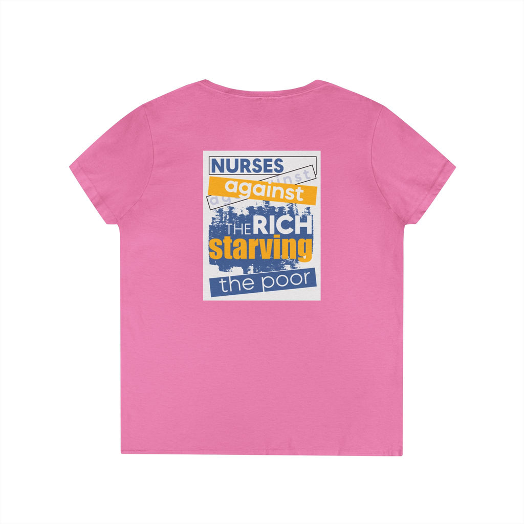 Women's Medium fabric V-Neck T-Shirt - Free School Lunches For All (front) - Nurses Against The Rich Starving The Poor (back) - 100% cotton - NAH-V-G5V00L