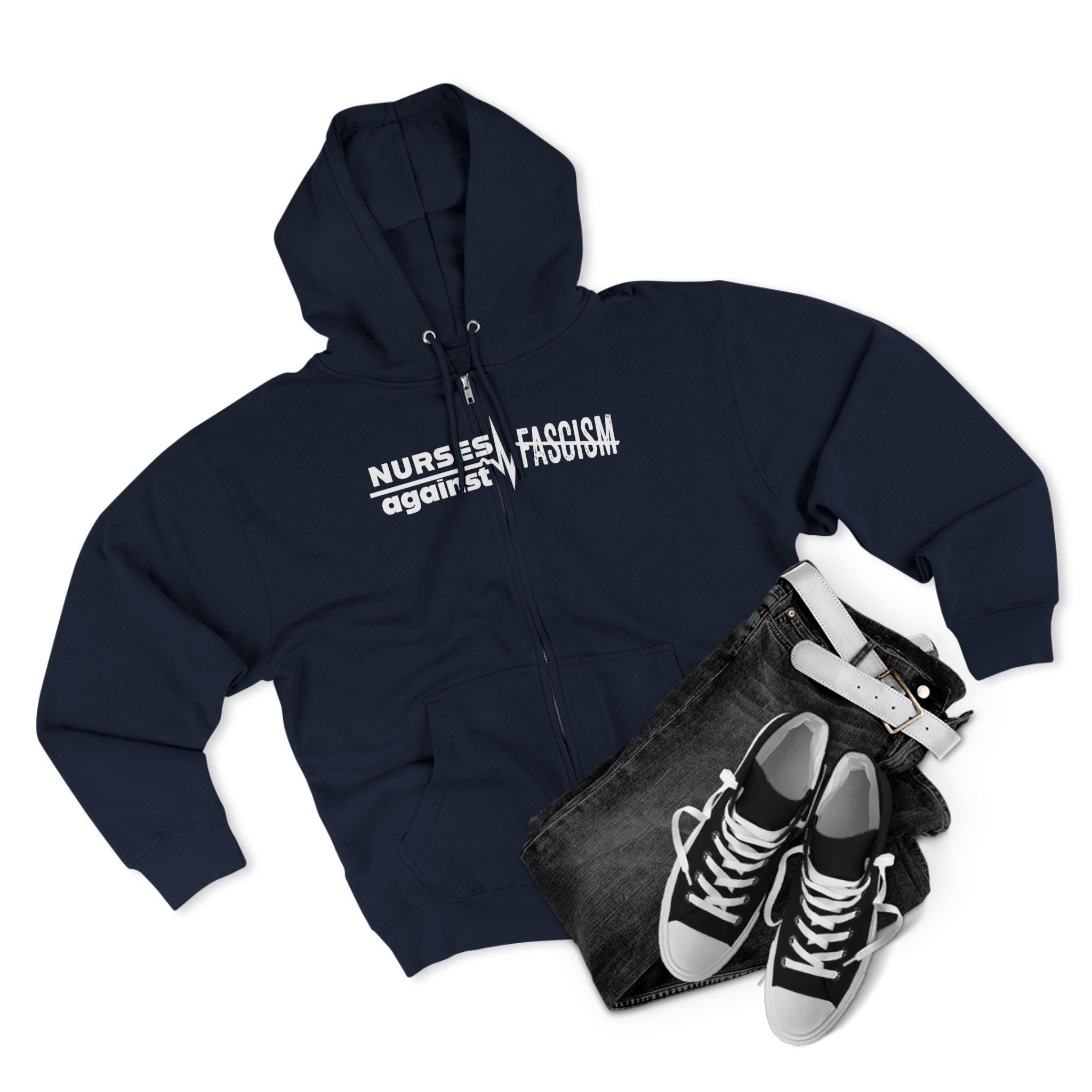 Men's Medium-heavy fabric Full-Zip Hoodie - Nurses Against Fascism (front) - Nurses Against Cruelty (black) - 60% recycled cotton, 40% recycled polyester - Lane Seven LS14003