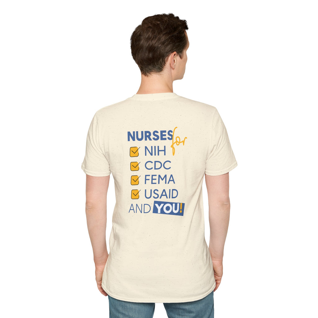Unisex Lightweight fabric T-Shirt - Nurses Condemning Closure of USAID (front) - Nurses For NIH CDC FEMA USAID And YOU (back) - 100% ring-spun cotton - NFG-T-G64000