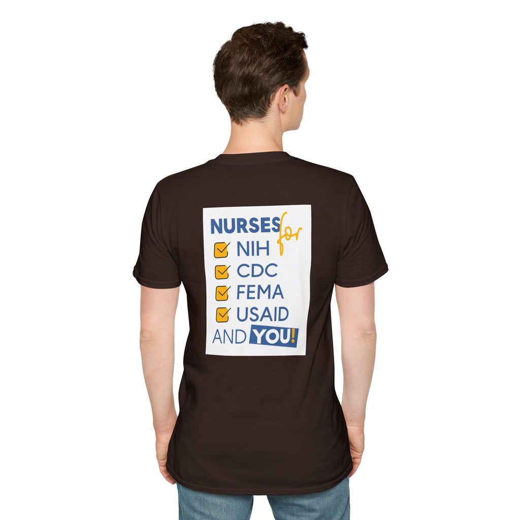 Unisex Lightweight fabric T-Shirt - Nurses Condemning Closure of USAID (front) - Nurses For NIH CDC FEMA USAID And YOU (back) - 100% ring-spun cotton - NFG-T-G64000