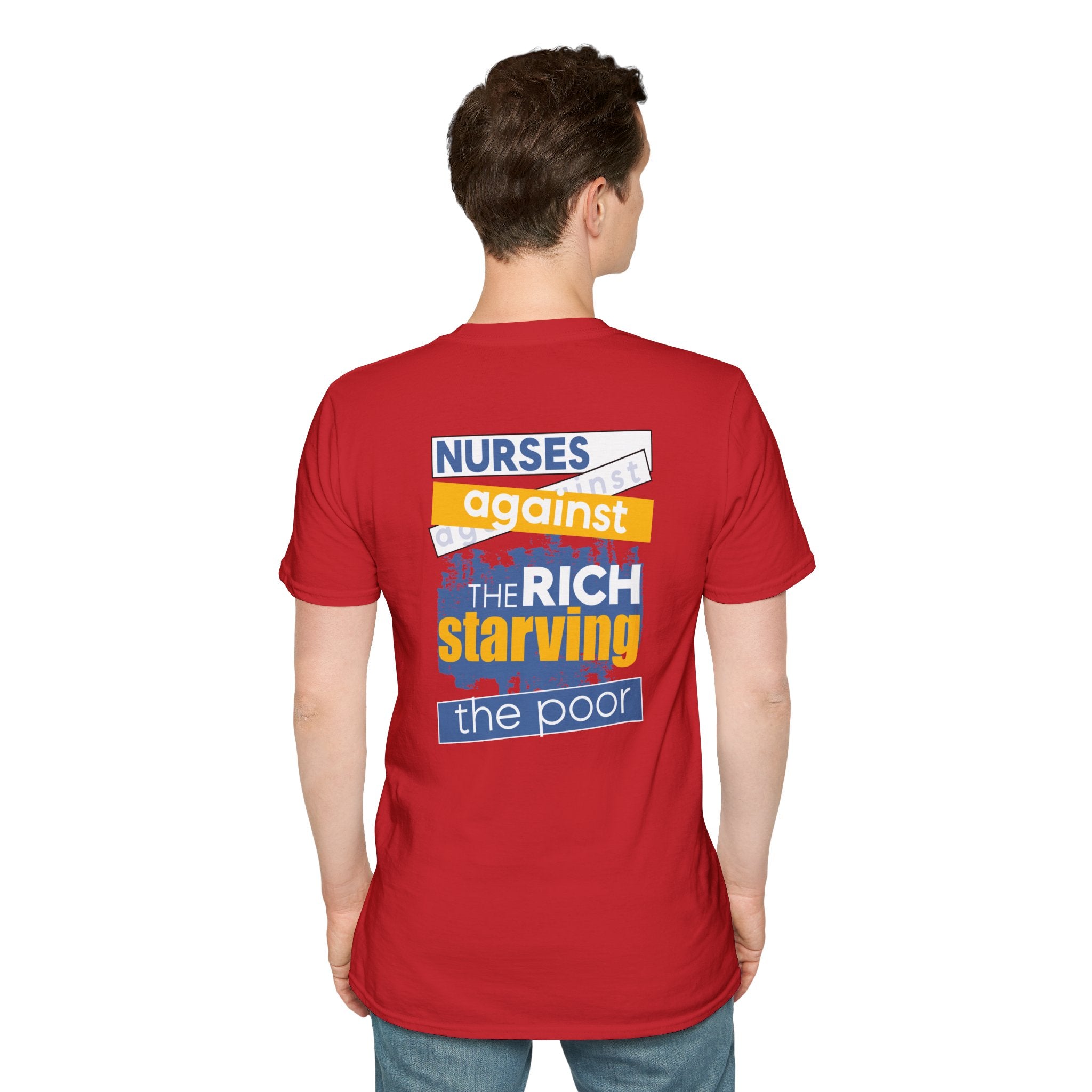 Unisex Lightweight fabric T-Shirt - Free School Lunches For All (front) - Nurses Against The Rich Starving The Poor (back) - 100% ring-spun cotton - NAH-T-G64000