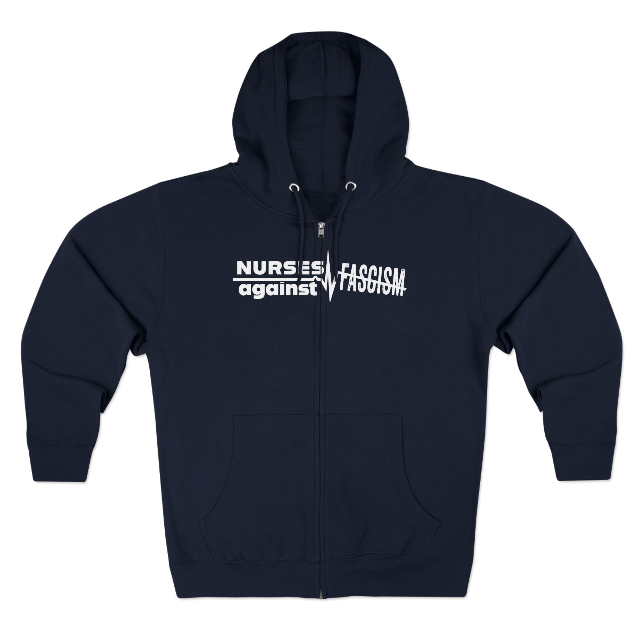 Men's Medium-heavy fabric Full-Zip Hoodie - Nurses Against Fascism (front) - Nurses Against Cruelty (black) - 60% recycled cotton, 40% recycled polyester - Lane Seven LS14003