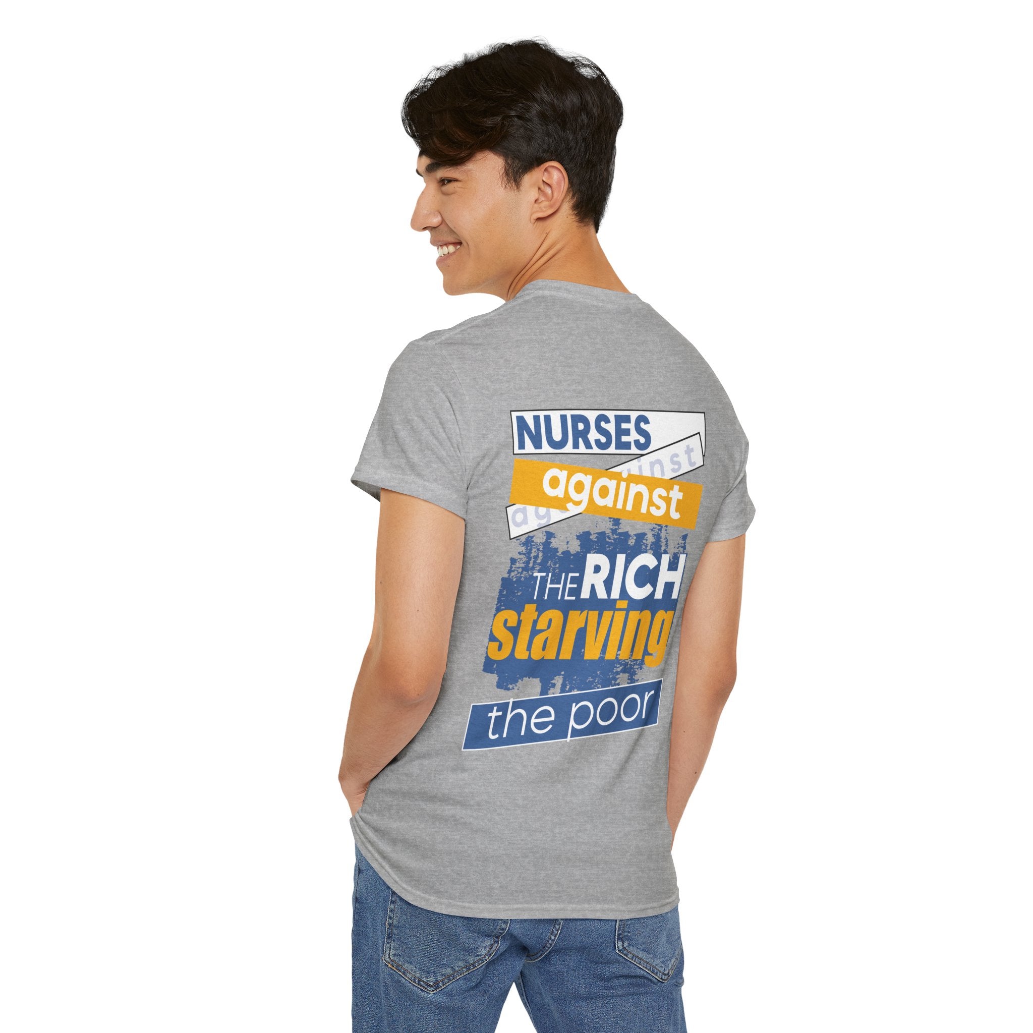 Unisex Medium fabric Cotton Tee - Free School Lunches For All (front) - Nurses Against The Rich Starving The Poor (back) - 5.3 oz/yd² / 180 g/m² - NAH-T-G5000