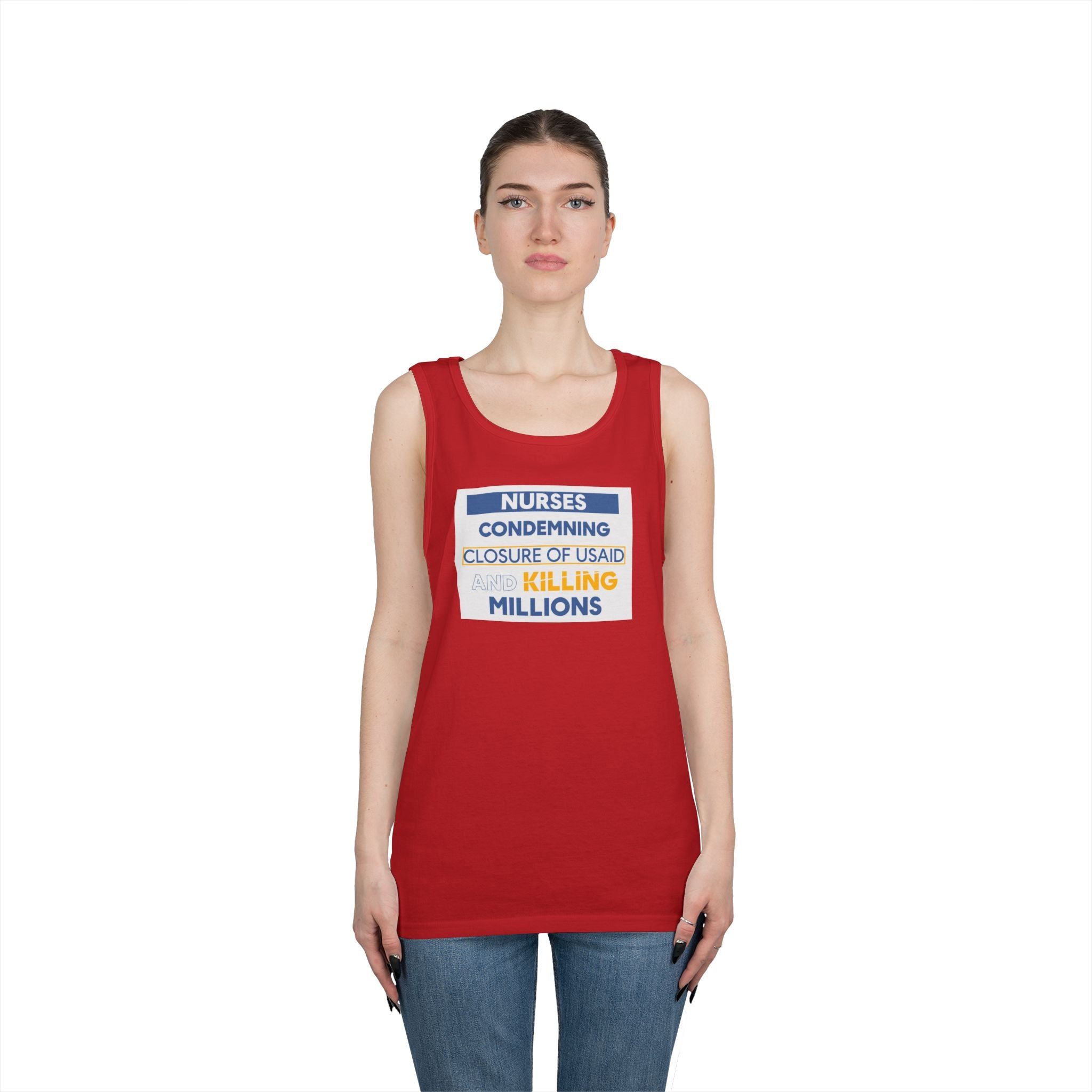 Unisex Medium fabric Cotton Tank Top - Nurses Condemning Closure of USAID (front) - Nurses For NIH CDC FEMA USAID And YOU (back) - 100% cotton - NFG-K-G5200