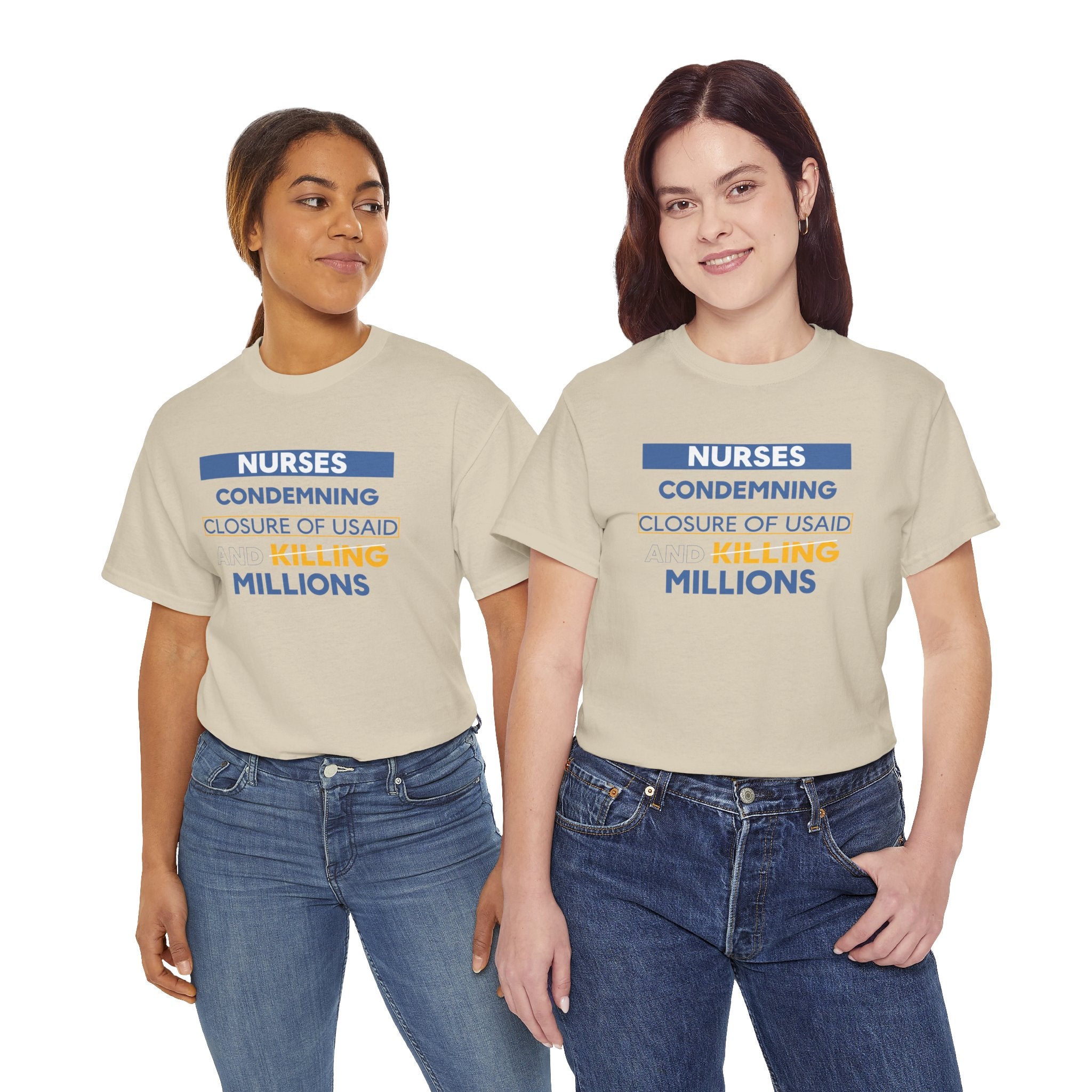 Unisex Medium fabric Cotton Tee - Nurses Condemning Closure of USAID (front) - Nurses For NIH CDC FEMA USAID And YOU (back) - 5.3 oz/yd² / 180 g/m² - NFG-T-G5000