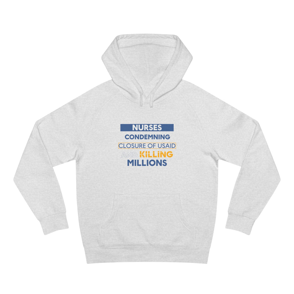 Unisex Mid-weight Hoodie - Nurses Condemning Closure of USAID (front) - Nurses For NIH CDC FEMA USAID And YOU (back) - 80% cotton, 20% Polyester - NFG-H-AC5101