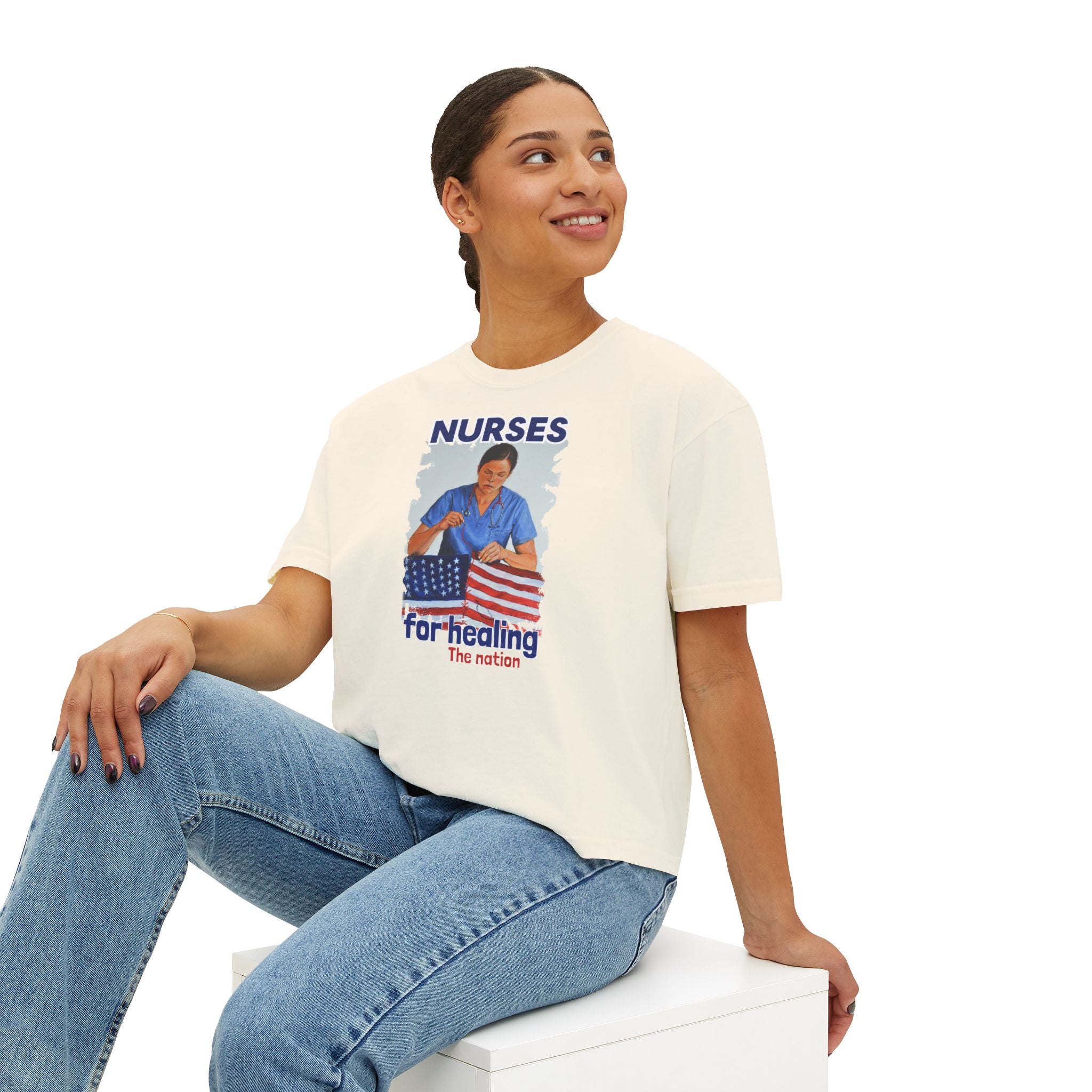 Women's Boxy Heavy fabric Tee - Nurses For Healing The Nation (front) - Nurses Standing Up For Humanity (back) - 100% ring-spun US cotton - NFH-T-CC3023CL