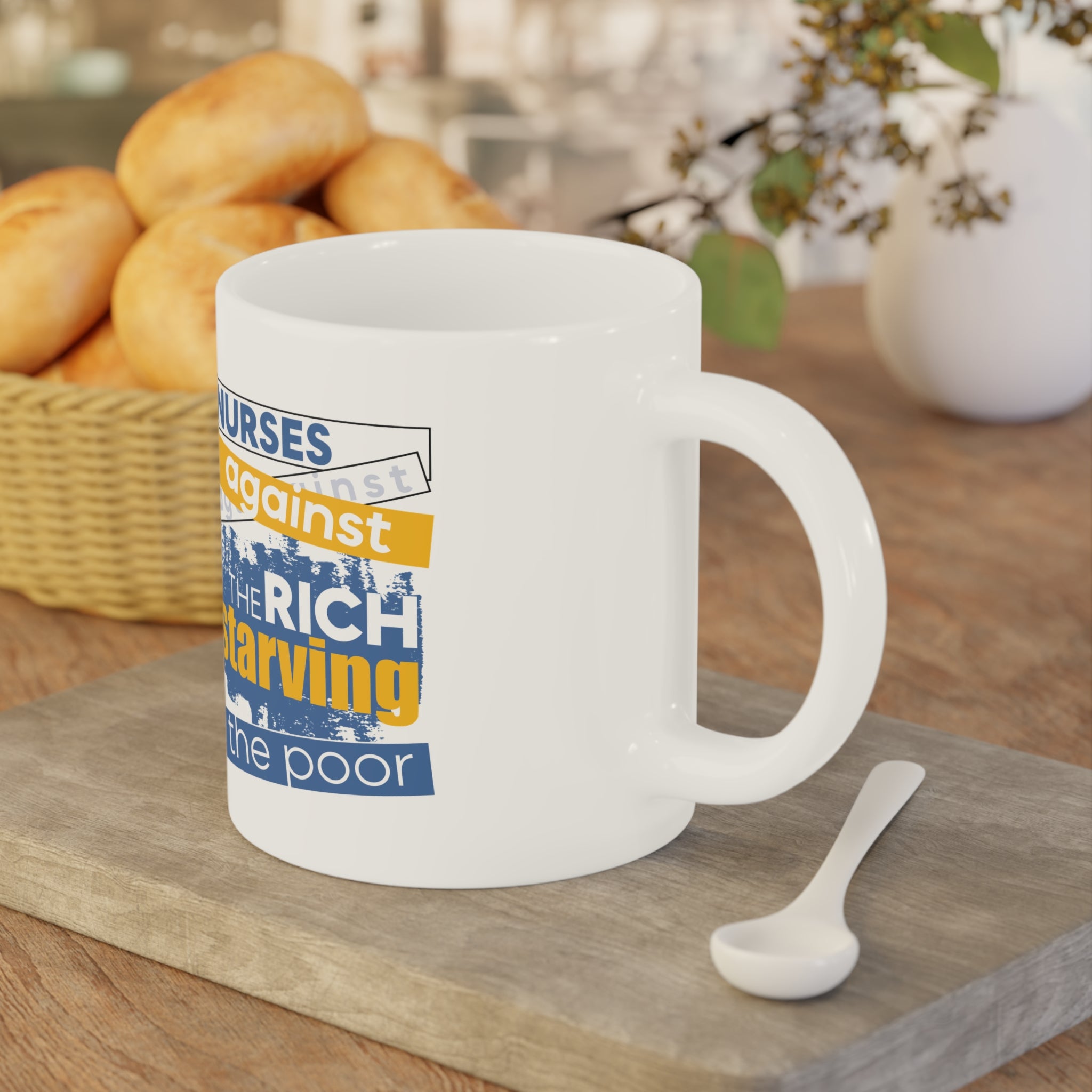 Unisex Ceramic Mug - Free School Lunches For All (right) - Nurses Against The Rich Starving The Poor (left) - Durable white Ceramic - NAH-CM-ORCA