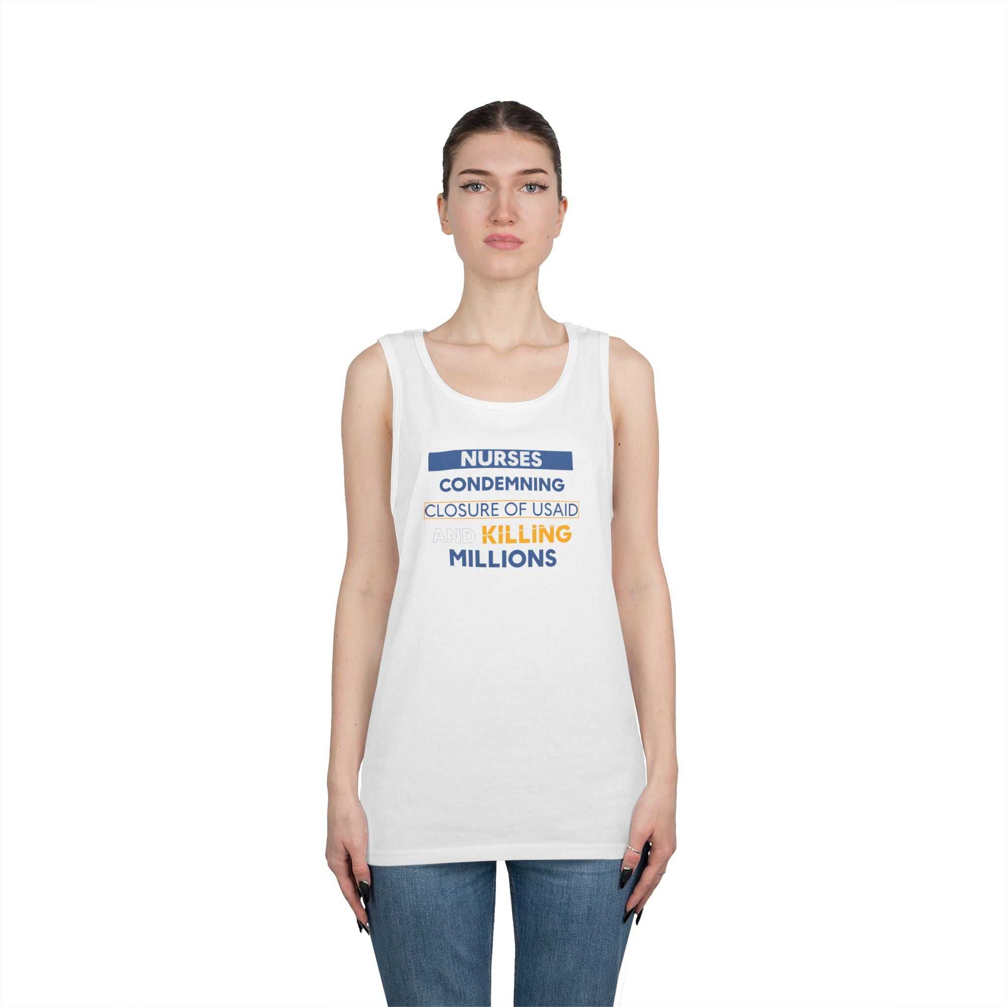 Unisex Medium fabric Cotton Tank Top - Nurses Condemning Closure of USAID (front) - Nurses For NIH CDC FEMA USAID And YOU (back) - 100% cotton - NFG-K-G5200