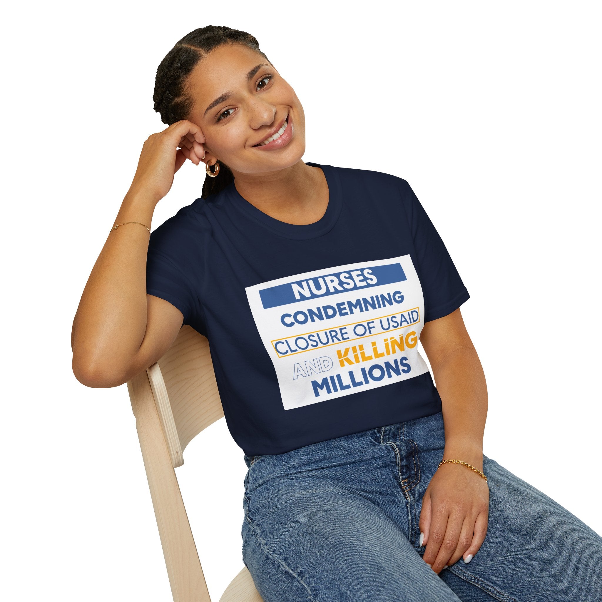 Unisex Lightweight fabric T-Shirt - Nurses Condemning Closure of USAID (front) - Nurses For NIH CDC FEMA USAID And YOU (back) - 100% ring-spun cotton - NFG-T-G64000