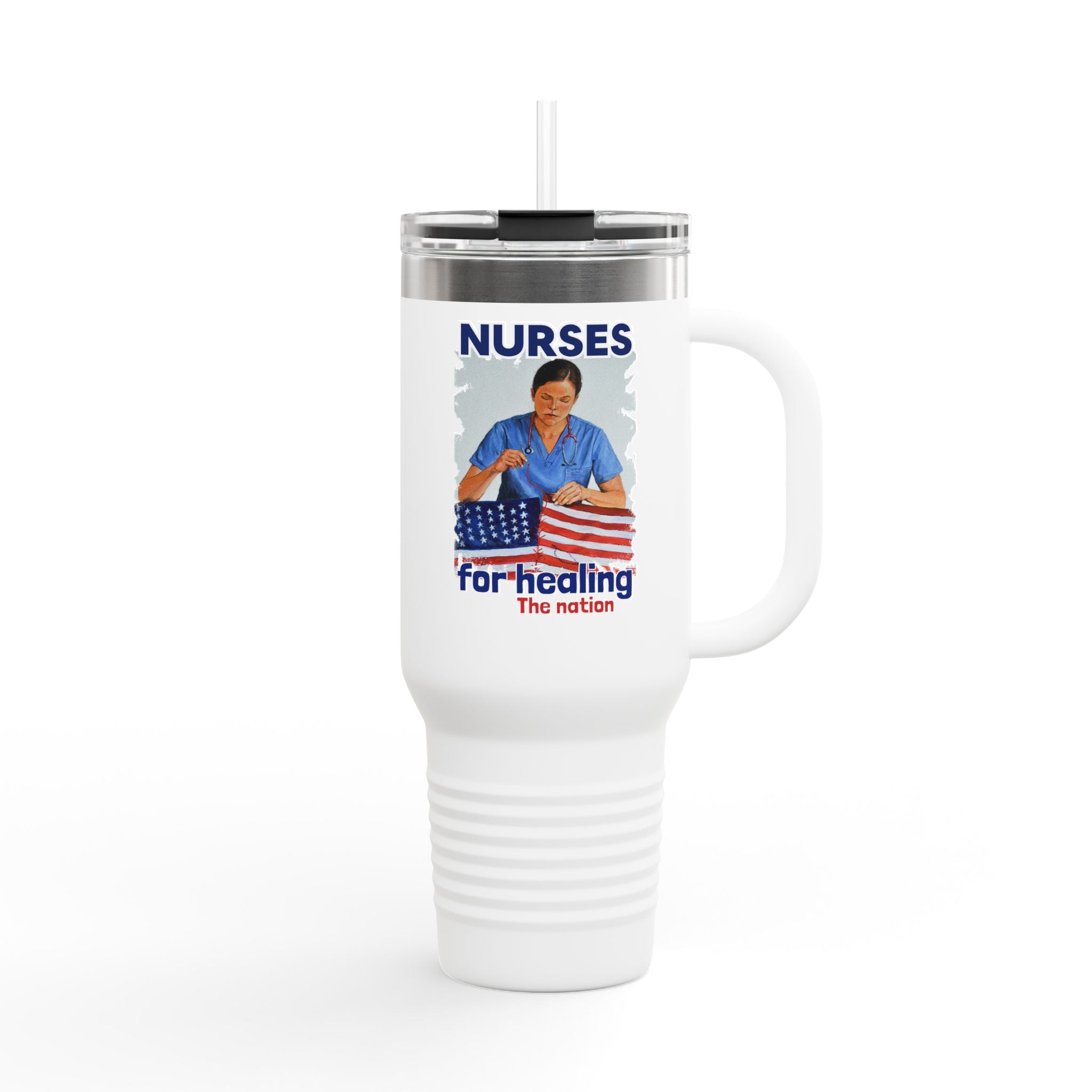 Travel Mug - Nurses For Healing The Nation (front) - Nurses Standing Up For Humanity (back) - 100% stainless steel (body) - NFH-TM-40oz