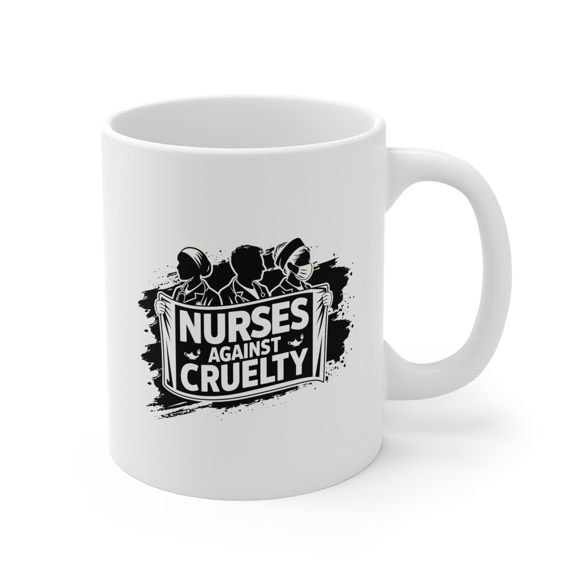 Unisex Ceramic Mug - Nurses Against Fascism (right) - Nurses Against Cruelty (left) - Durable white Ceramic - NAF-CM-ORCA