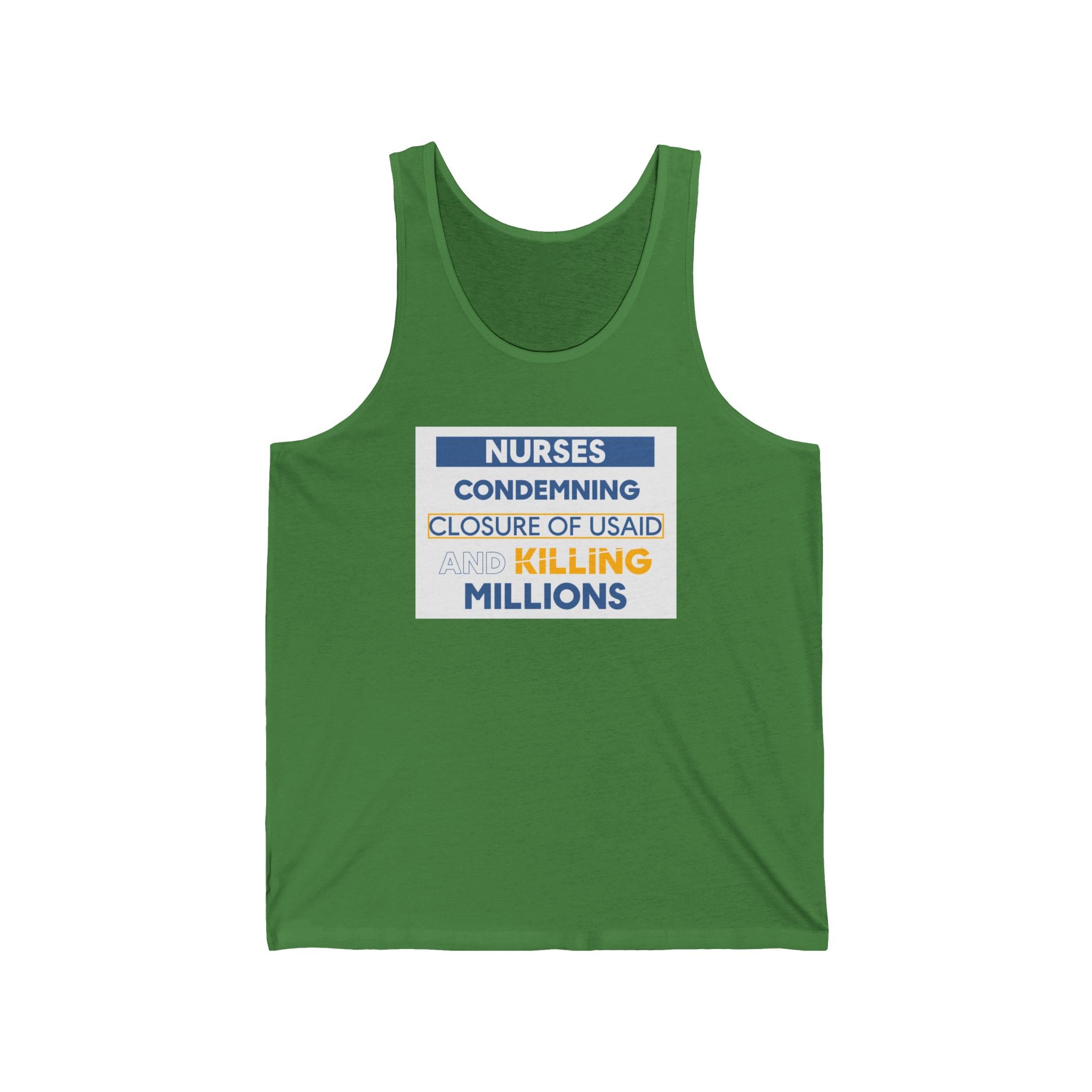 Unisex Light fabric Jersey Tank - Nurses Condemning Closure of USAID (front) - Nurses For NIH CDC FEMA USAID And YOU (back) - 100% Airlume combed and ring-spun cotton - NFG-K-BC3480