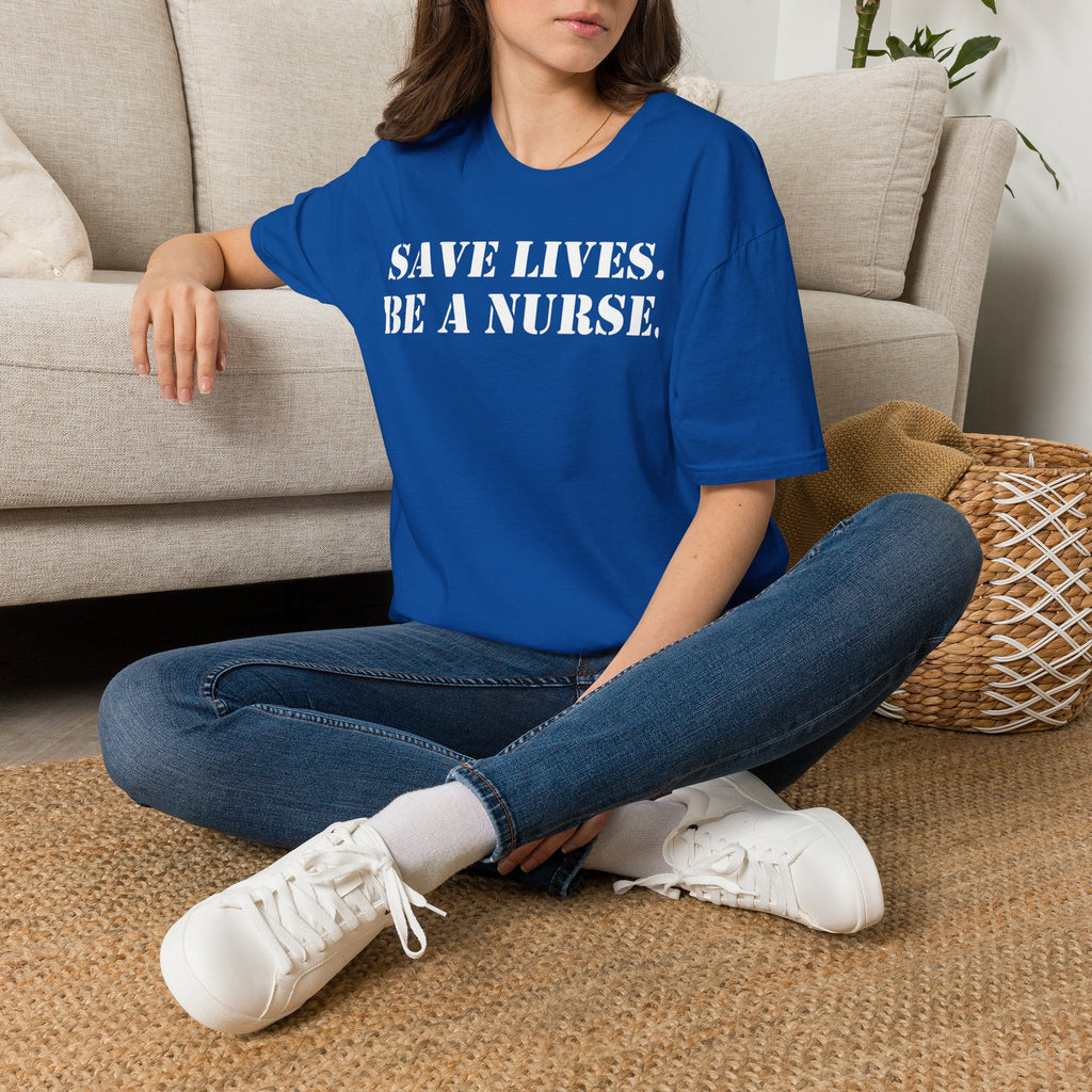 Unisex Lightweight fabric T-Shirt - Save Life Be a Nurse (front) - Who advocates? Who defends? Who protects? Who educates? Who intervenes? Who cares? (back) - 100% ring-spun cotton - SLBN-T-G64000