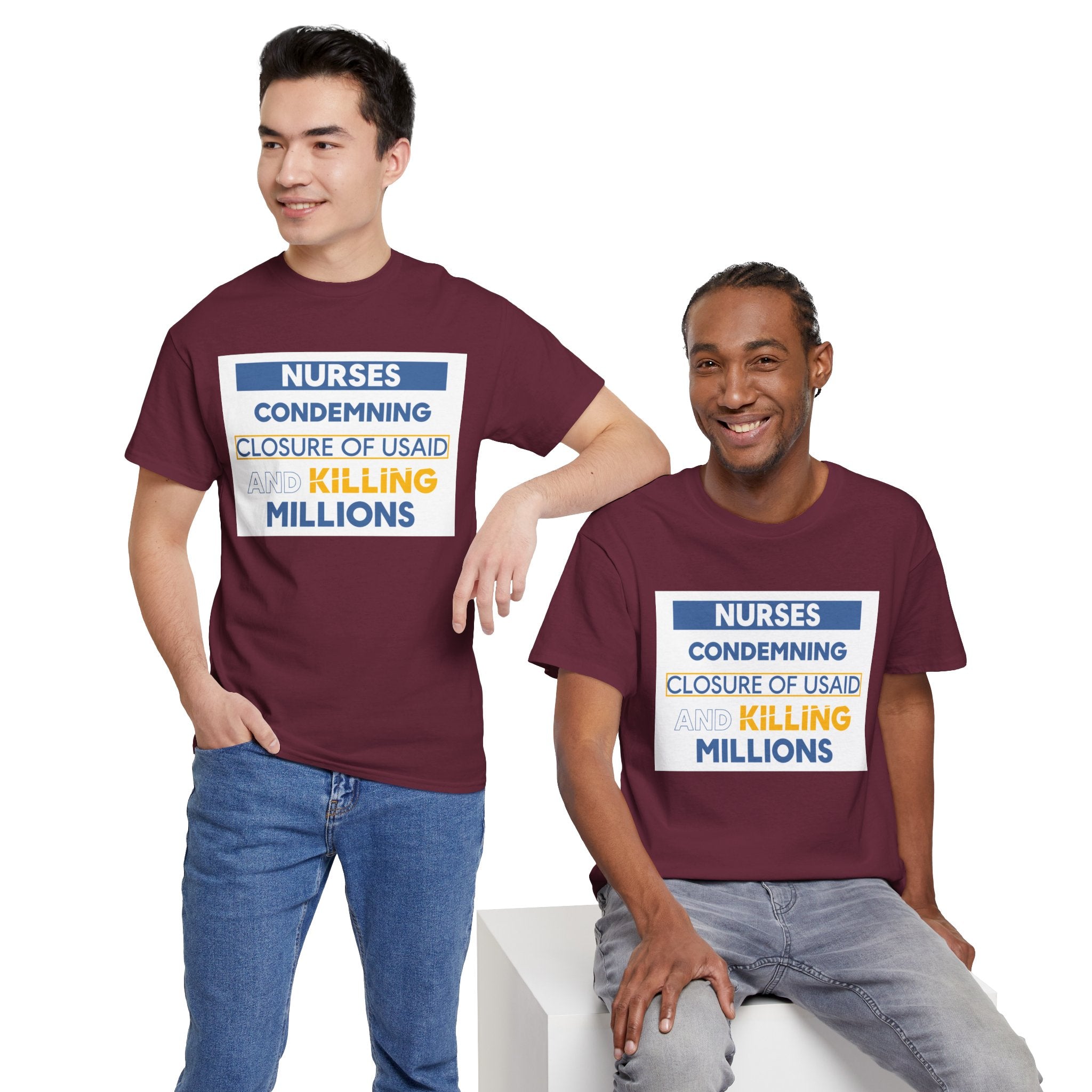 Unisex Medium fabric Cotton Tee - Nurses Condemning Closure of USAID (front) - Nurses For NIH CDC FEMA USAID And YOU (back) - 5.3 oz/yd² / 180 g/m² - NFG-T-G5000