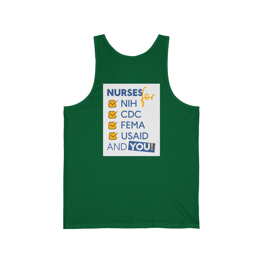 Unisex Light fabric Jersey Tank - Nurses Condemning Closure of USAID (front) - Nurses For NIH CDC FEMA USAID And YOU (back) - 100% Airlume combed and ring-spun cotton - NFG-K-BC3480